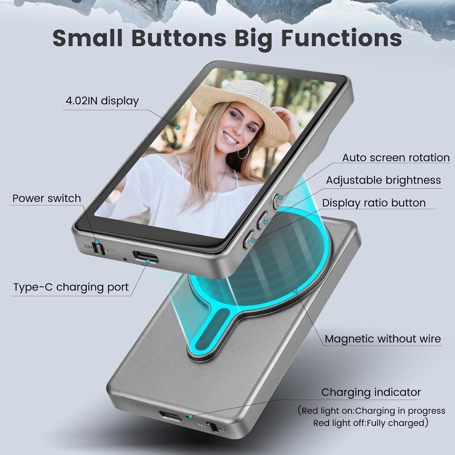 Magnetic Phone Vlog Selfie Monitor Screen,1080P Wireless Recording,Back Camera Selfie Monitor with Bluetooth Remote Control,for Selfie Vlog Live Broadcast,Compatible with iPhone and Android System