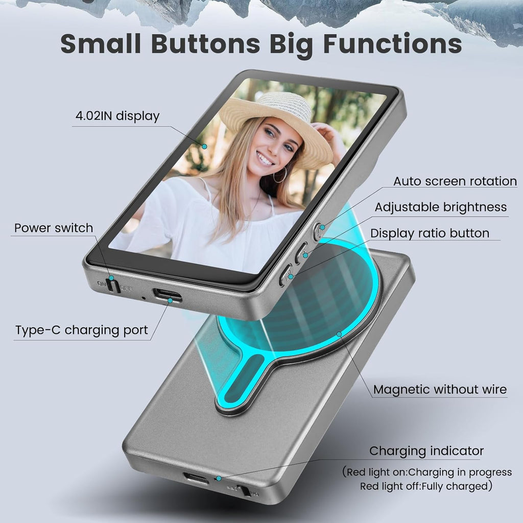 Magnetic Phone Vlog Selfie Monitor Screen,1080P Wireless Recording,Back Camera Selfie Monitor with Bluetooth Remote Control,for Selfie Vlog Live Broadcast,Compatible with iPhone and Android System