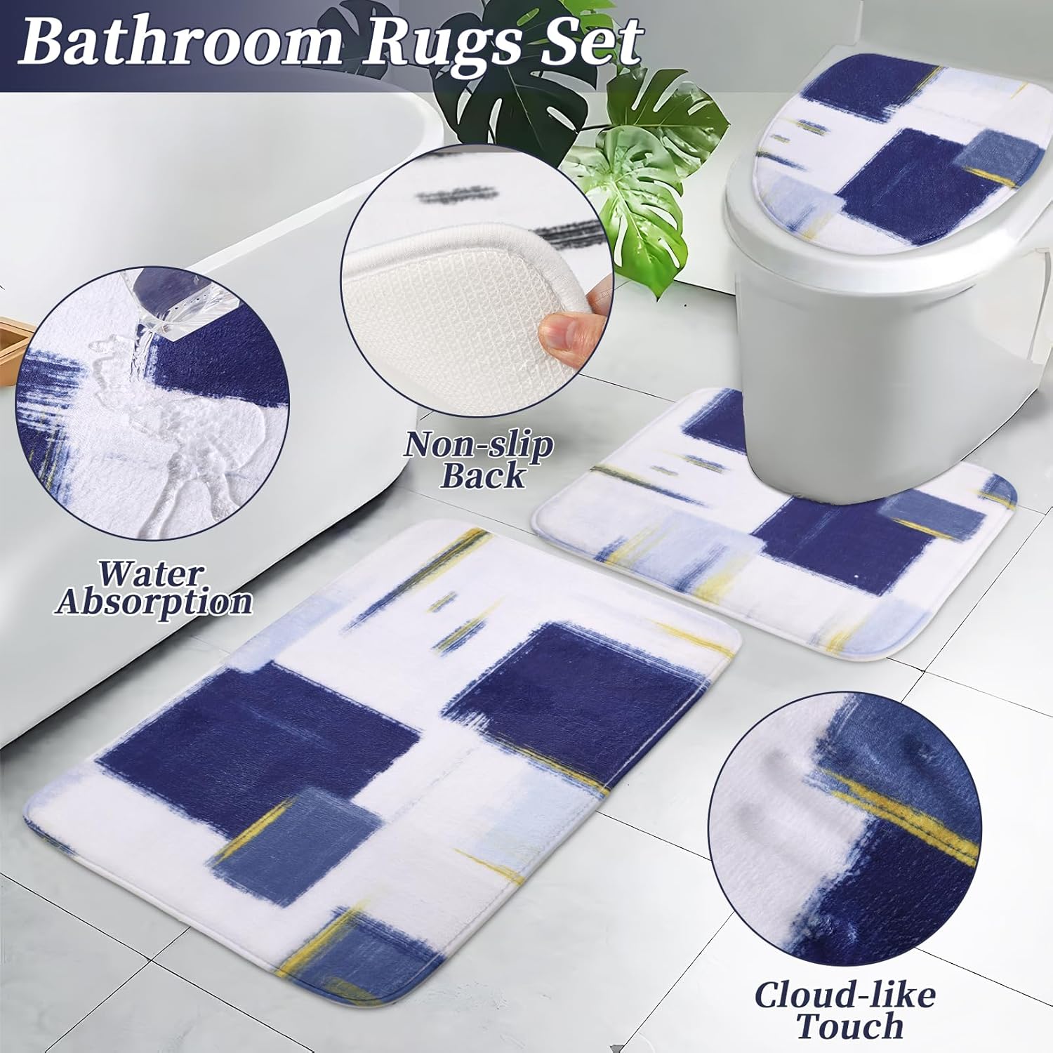 Bathroom Set - Navy Blue and Gold Bathroom Accessories Set, Bathroom Sets with Shower Curtain and Rugs, Blue Shower Curtain Set with Bathroom Trash Can, Soap Dispenser,Soap Dish for Home Decor