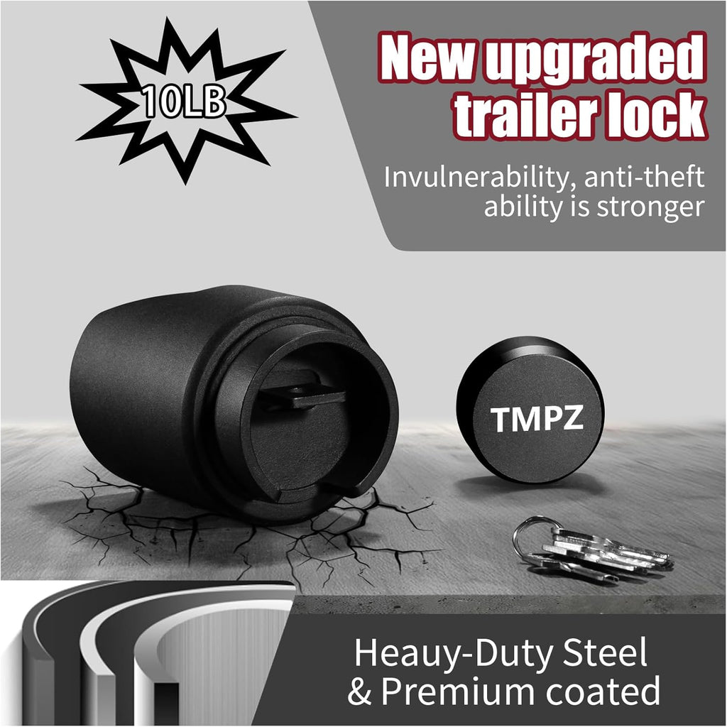 TMPZ Upgraded Heavy Duty Steel Trailer Hitch Lock for Most 2 Inch Couplers – Coupler Lock Secures Safety Chains, Anti-Theft Weatherproof Protection for RV, Pickup, Camper & Utility Trailers (Black)