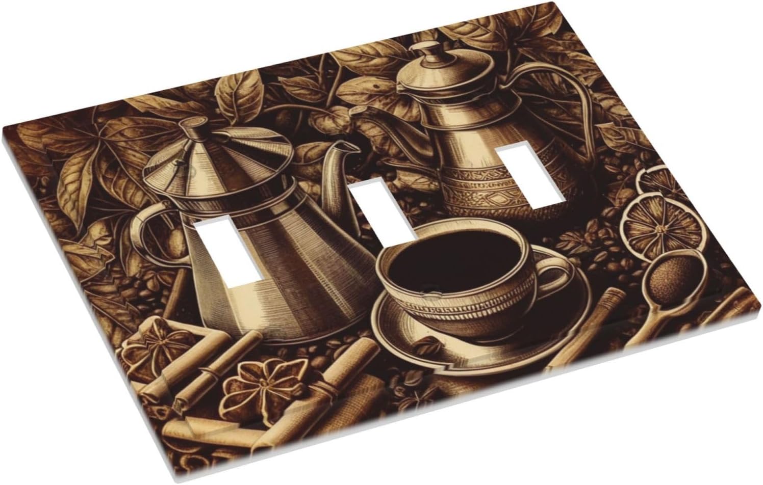 Decorative Light Switch Cover Plate Vintage Coffee Beans Leaf Cup 3 Gang Wall Plate Oversized Triple Toggle Switch Cover Plate Jumbo Faceplate for Kitchen Home Decor