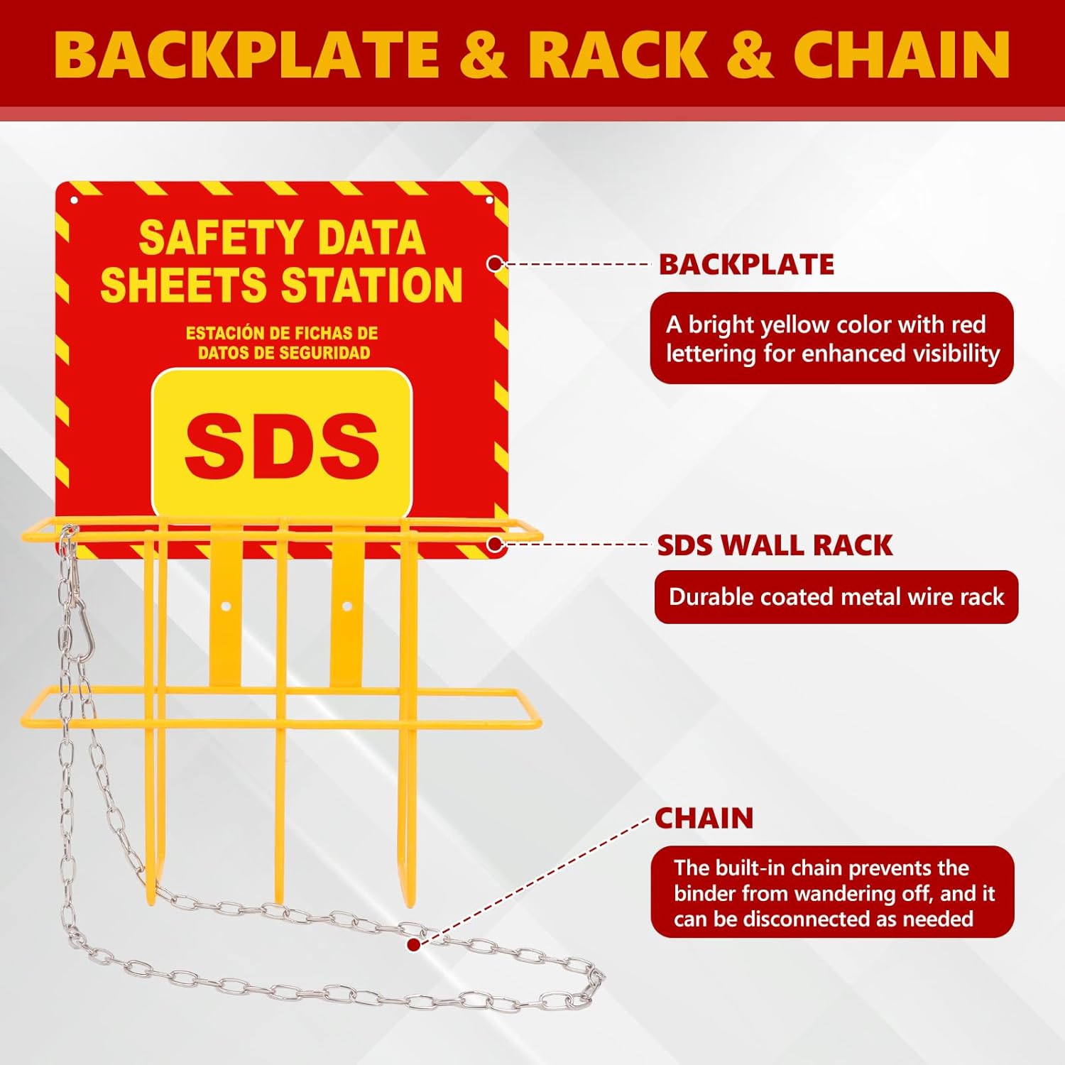 SDS MSDS Binder and Wall Station Bilingual Yellow 2 Inch Safety Data Sheet 3 Ring Binder with SDS Wire Rack Chain Self-tapping Screws SDS Station Sign Wall Mounted for Workplace English Spanish