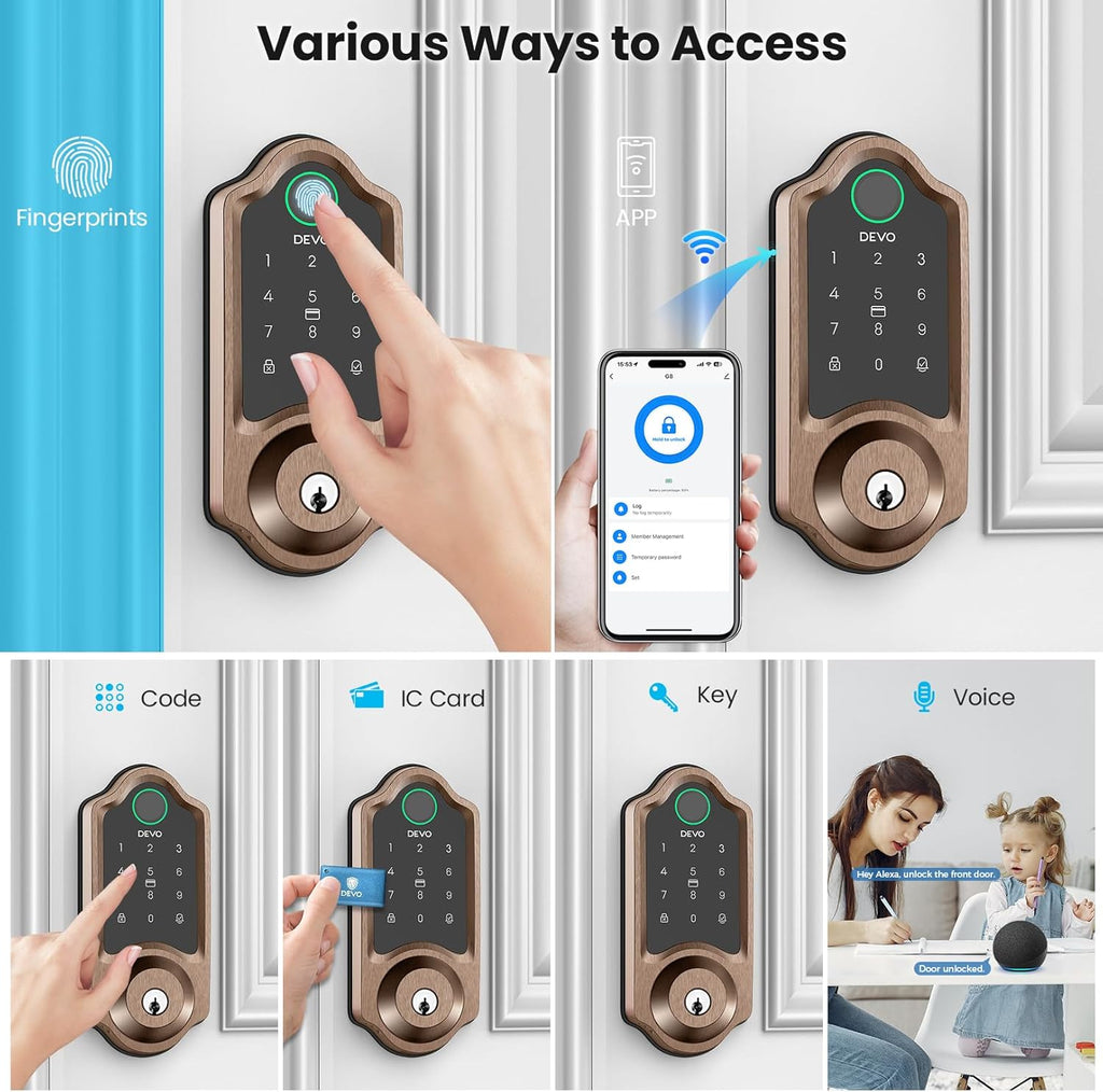 DEVO G8 Smart Lock with Doorbell - 6-in-1 Fingerprint Keyless Entry Deadbolt, Built-in Wi-Fi & APP Control, IP54 Waterproof Auto-Lock for Front Door Security, Easy Install (BHMA Certified)