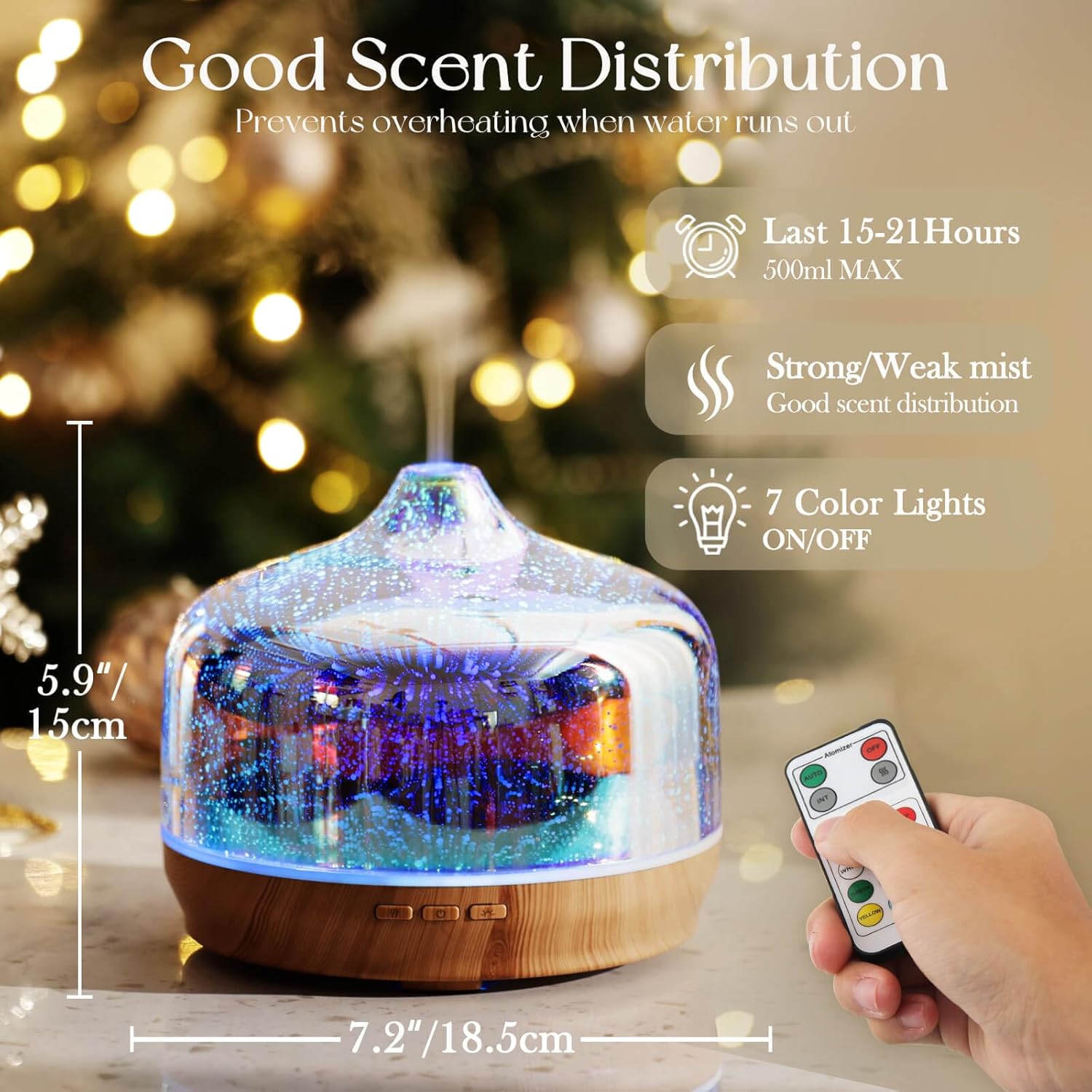 Porseme 500ml Glass Essential Oil Diffuser Aromatherapy Ultrasonic Cool Mist Humidifier 15-21 Running Hours Diffusers with Remote Control for Sleeping Yoga Office Working Spa and Rest