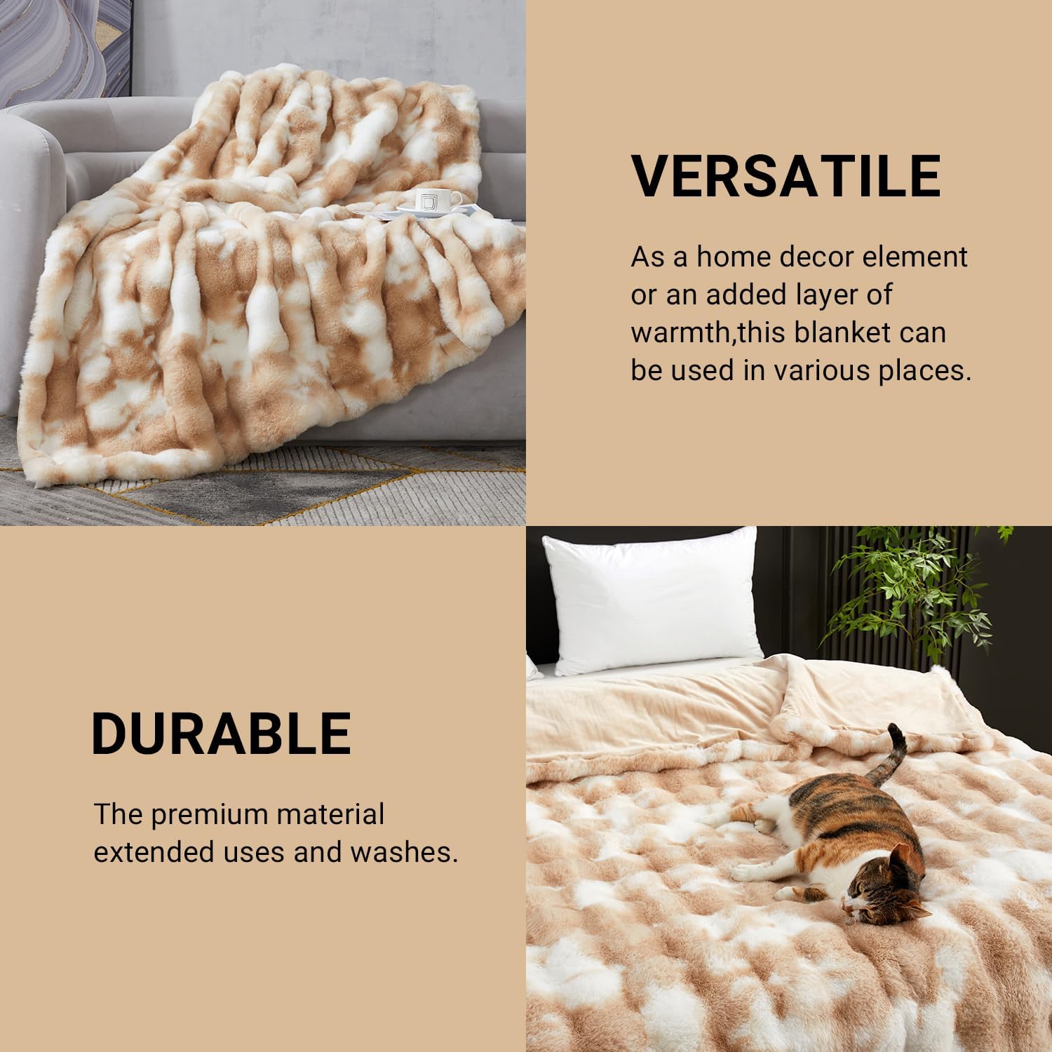 SAPHREAS Faux Fur Throw Blanket for Couch, Fluffy Fuzzy Bubble Blanket for Sofa Bed Living Room, Decor Soft Cozy Gifts for Women Men, 50x60” Tie Dye Khaki