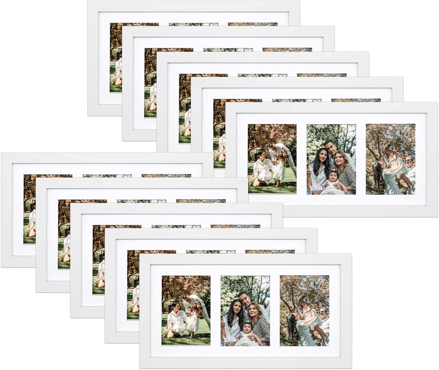 Golden State Art, Set of 10, 9x18 White Wood Frame - White Mat for Three 5x7 Pictures - Sawtooth Hangers- Swivel Tabs - Wall Mounting - Landscape/Portrait - Real Glass - Collage Frame