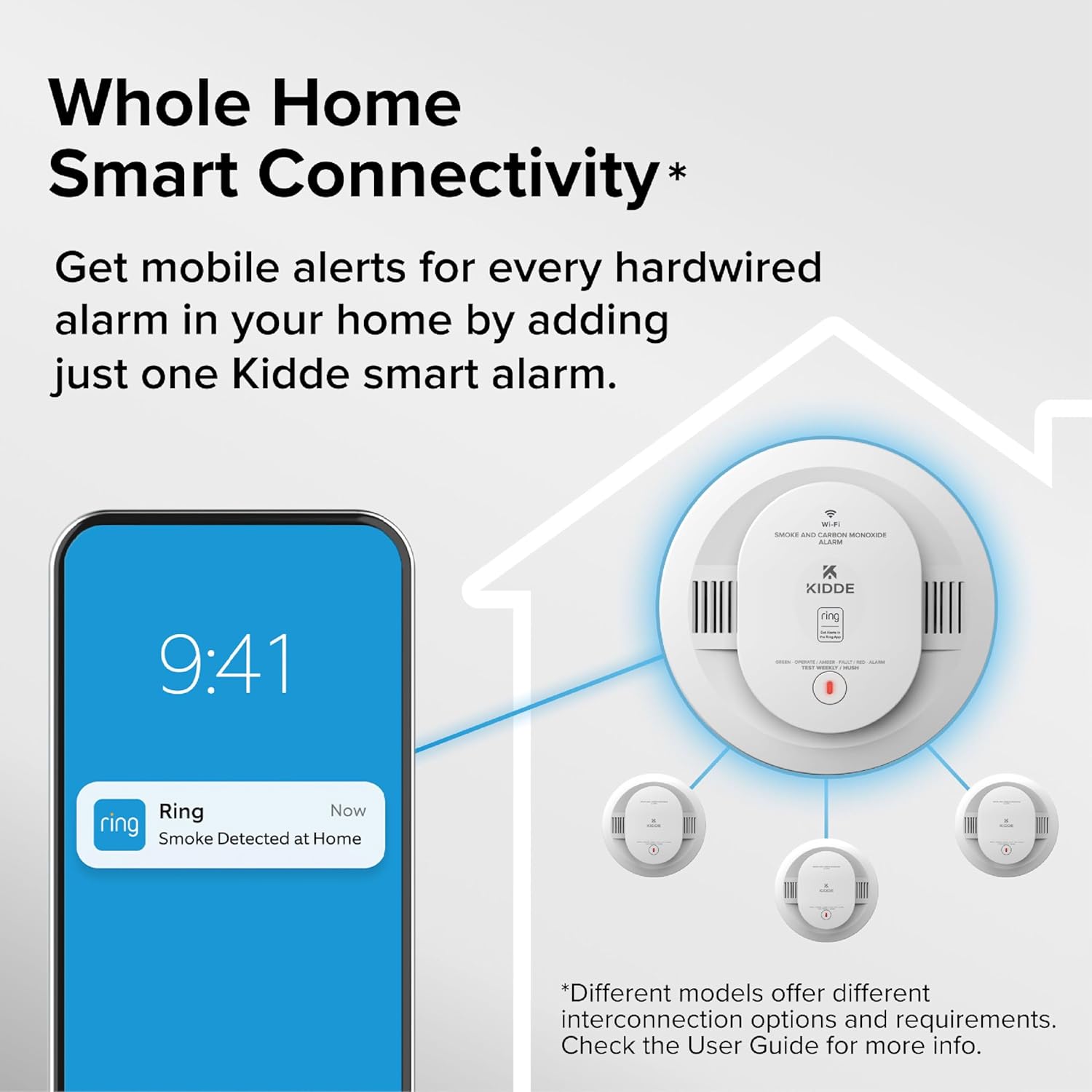 Kidde Smart Smoke Detector, Ring App Enabled for Real-Time Notifications, Hardwired Alarm, AA Backup Battery