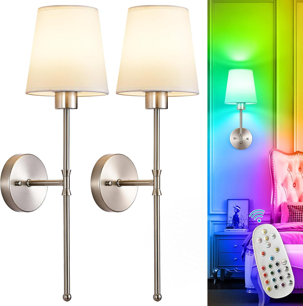 Depuley Battery Operated Wall Sconce: Set of 2 Wireless Wall Lights with Remote for Bedroom - Rechargeable 15 Colors Brushed Nickel Wall Lamp for Living Room Hallway Decor