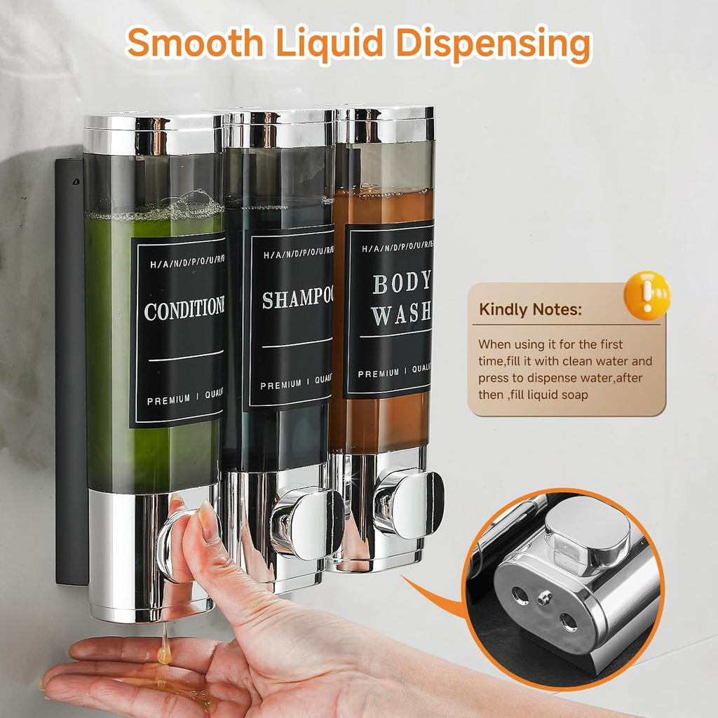 Shampoo and Conditioner Dispenser,Shower Dispenser 3 Chamber No Drill Wall-Mounted Shampoo Dispenser for Shower Wall Mounted Shower Soap Dispenser for Bathroom Hotel Large Capacity,Chrome1