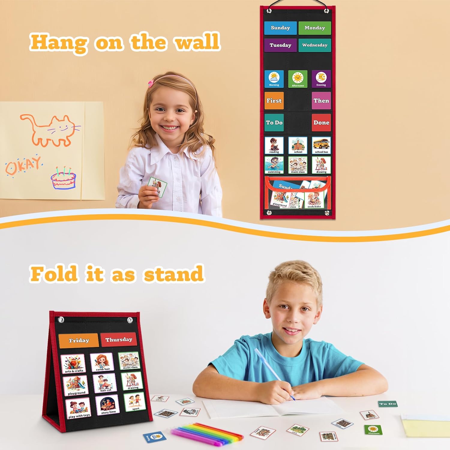 Visual Schedule for Kids Chore Chart，2 in 1 Daily Schedule Board Routine Pocket Chart Cards for Toddlers,Autism Learning Materials Tool Wall Planner for Home School with 103 Cards （Black）