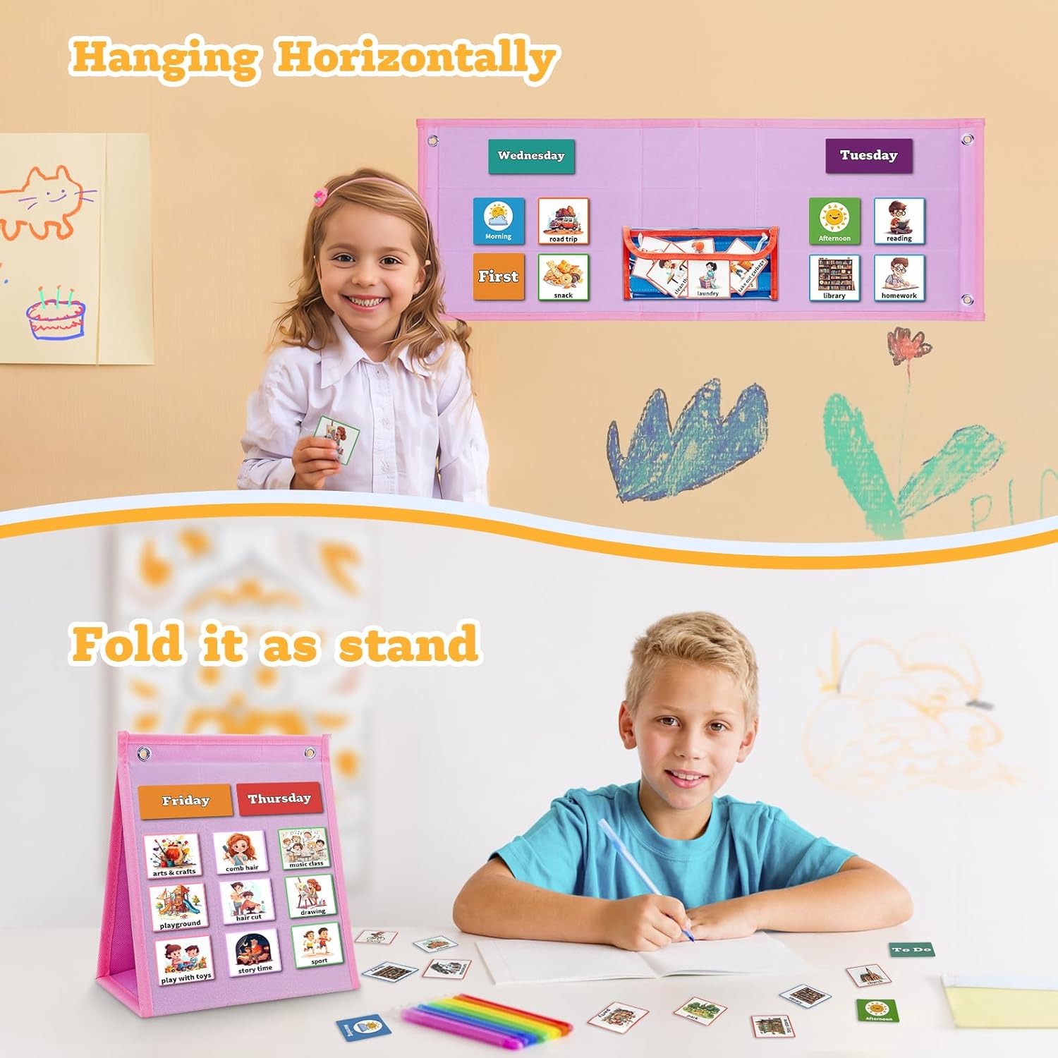 Visual Schedule for Kids Chore Chart，3 in 1 Daily Schedule Board Routine Pocket Chart Cards for Toddlers,Autism Learning Materials Tool Wall Planner for Home School with 103 Cards （Pink）
