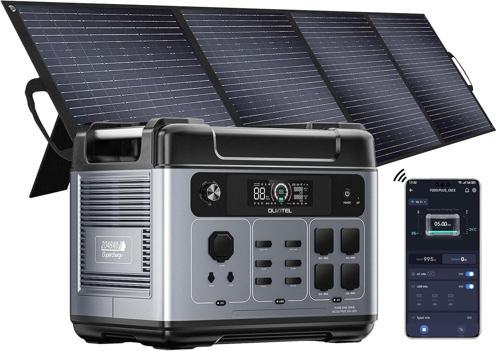 OUKITEL P2001 Plus 2400W Solar Generator with 200W Solar Panel, 2048Wh Solar Power Station with 4 AC Outlets(5000W Peak), 1.5H Full Charging, APP Control Battery Backup for Home, Camping & RVs