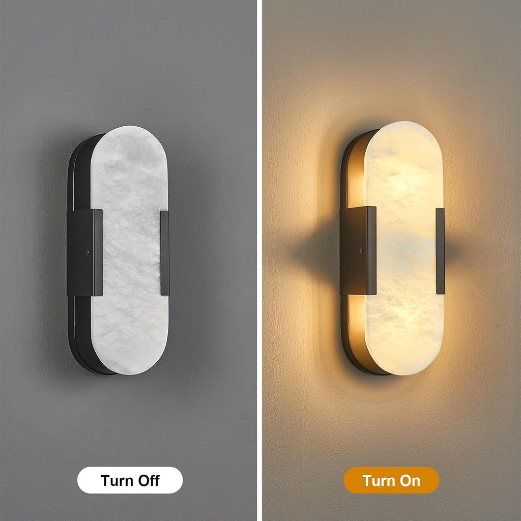 Alabaster Wall Sconces Set of Two, Modern Natural Marble Wall Sconces for Indoor Lighting, 13.8 in Black Wall Lights for Bathroom Dining Room Stairs Bedroom