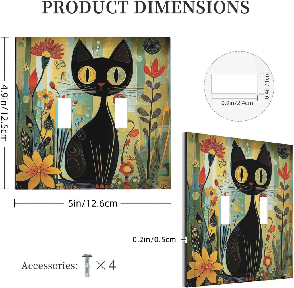 Funny Cat Retro Abstract Flowers Kitten Decorative Switch Plates 2 Gang Double Toggle Outlet Light Switch Cover Wall Plate Electrical Faceplate For Kids Room Bed Room Decor