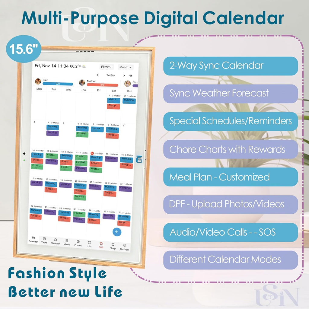 USIN 15.6 inch Wooden Digital Calendar, Wall Touch Screen Home Organizor, Family Chore Charts and Meal Planner, Interactive Display schedule, Desk and Wall Mounted, Electronic Calendars with Free App
