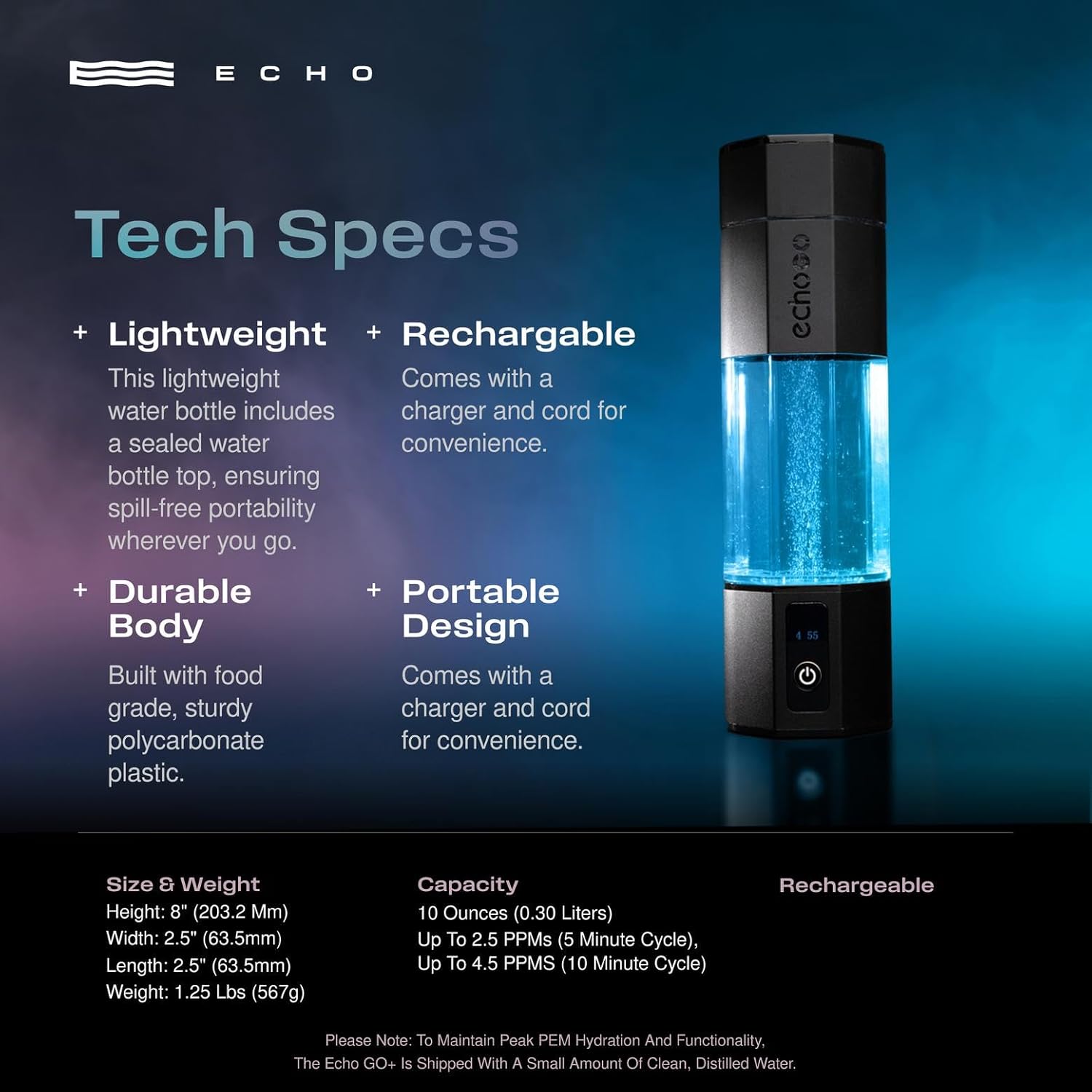 Echo Go+ Hydrogen Water Bottle - Hydrogen Infusion Technology - Rechargeable Water Bottle - SPE & PEM Purification - Active Hydration Support for Skin Health & Immune Function - 10 oz