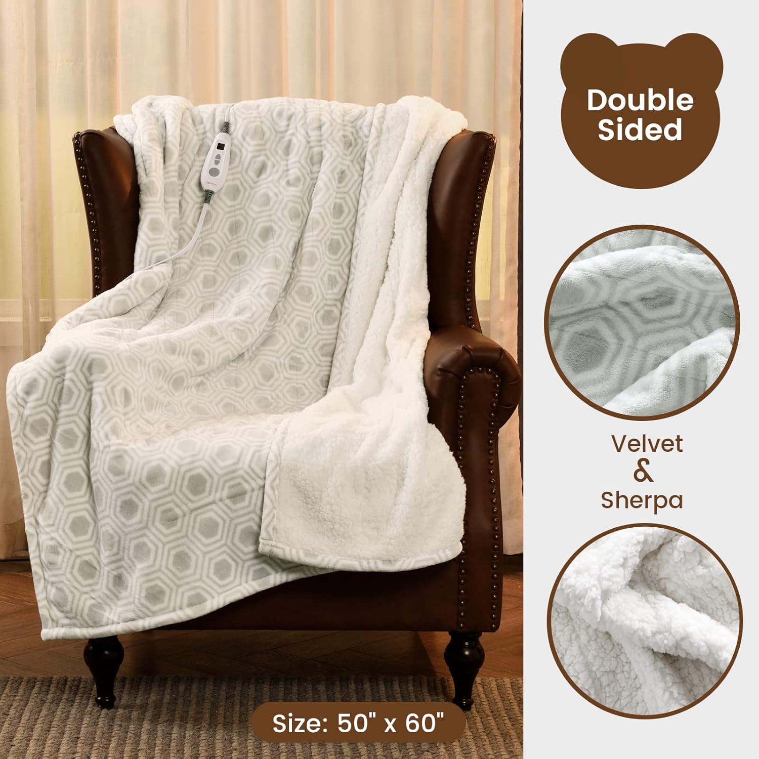 Bearhug Electric Throw Blanket 50" x 60", Reversible Velvet & Sherpa Heated Throw, 6 Heating Levels & 4H Auto Off, Over-Heat Protect, ETL Certification, Machine Washable