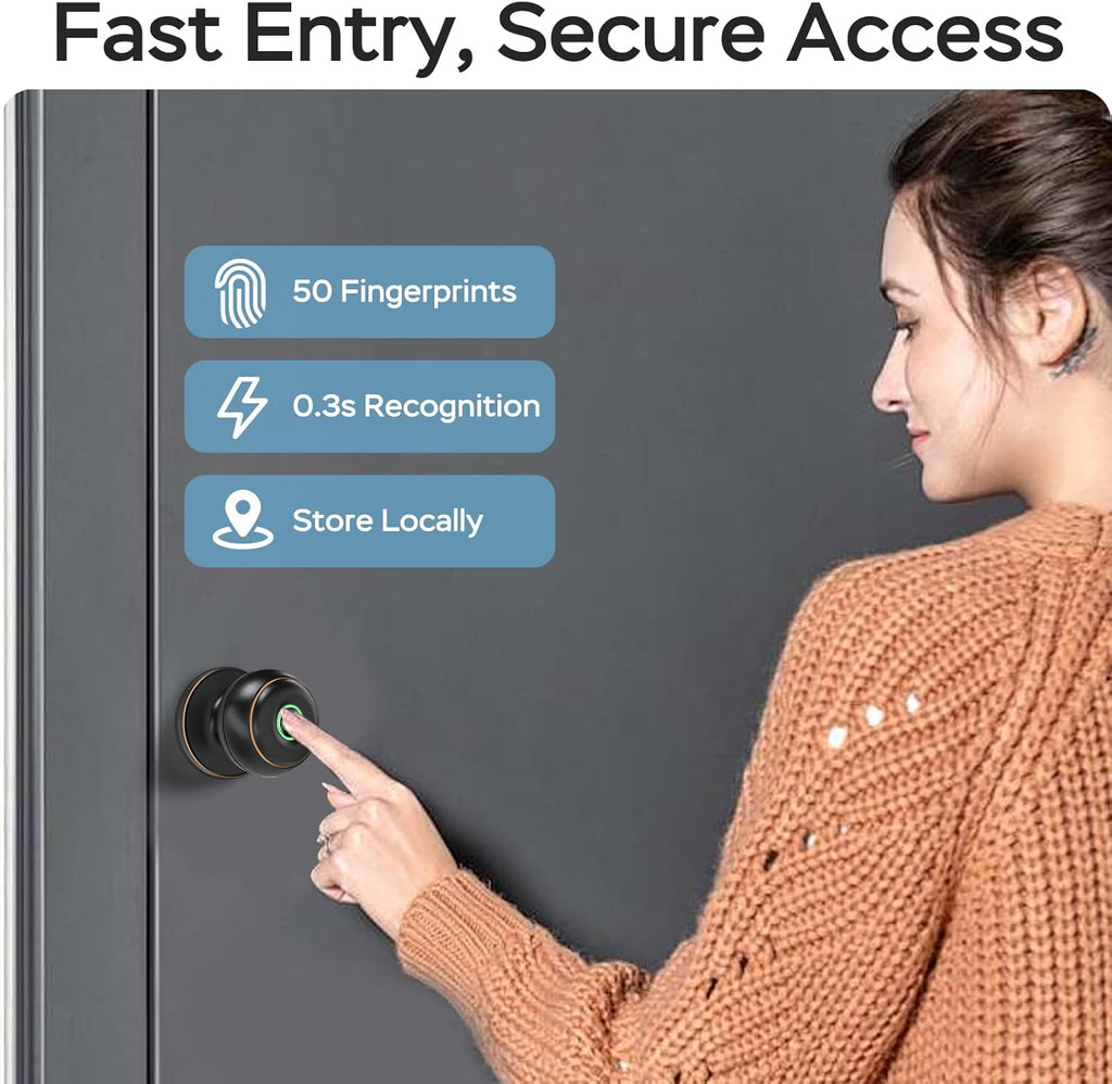 GeekTale Fingerprint Door Lock for Bedrooms, Fingerprint Door Knob with Lock, Smart Door Lock, App Control, Back-up Keys, Thumbprint Door Knob for Bedrooms, Office, Apartment