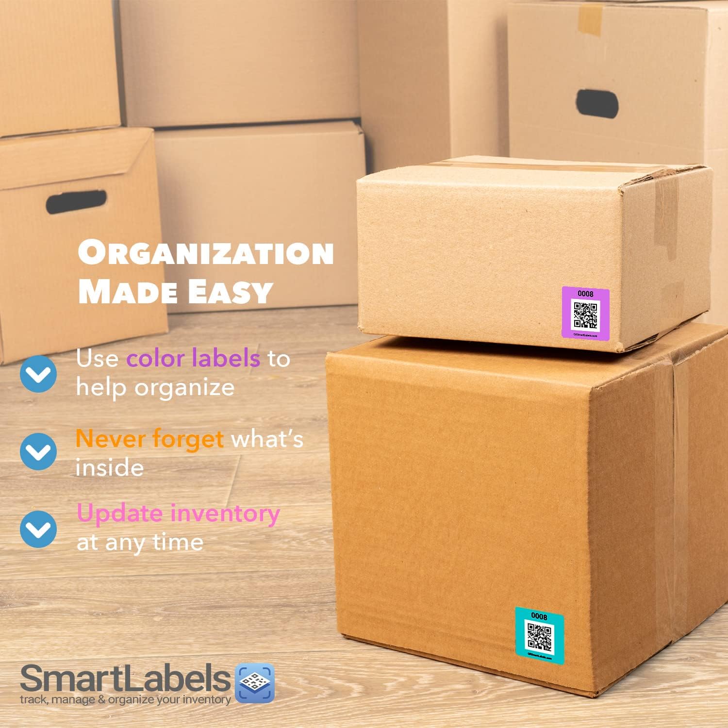 Smart Labels QR Code Stickers Pack of 48 (Modern) Made in USA - QR Code Labels for Storage & Inventory Tracking, Storage Unit Organization, App Stickers for Inventory Organization & Moving Supplies