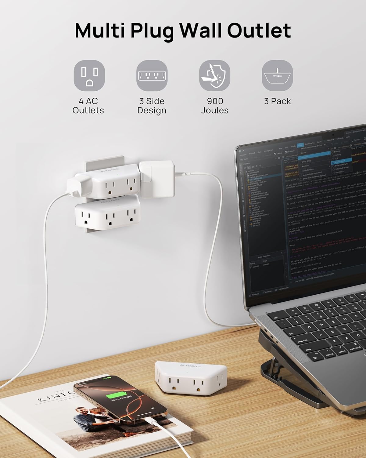 TROND Wall Outlet Extender 3 Pack - Surge Protector Outlet with 4 Grounded Sockets, 3 Way Angled Plug Adapter, 900J, Multiple Wall Splitter for Home Office Dorm Room Essentials, White