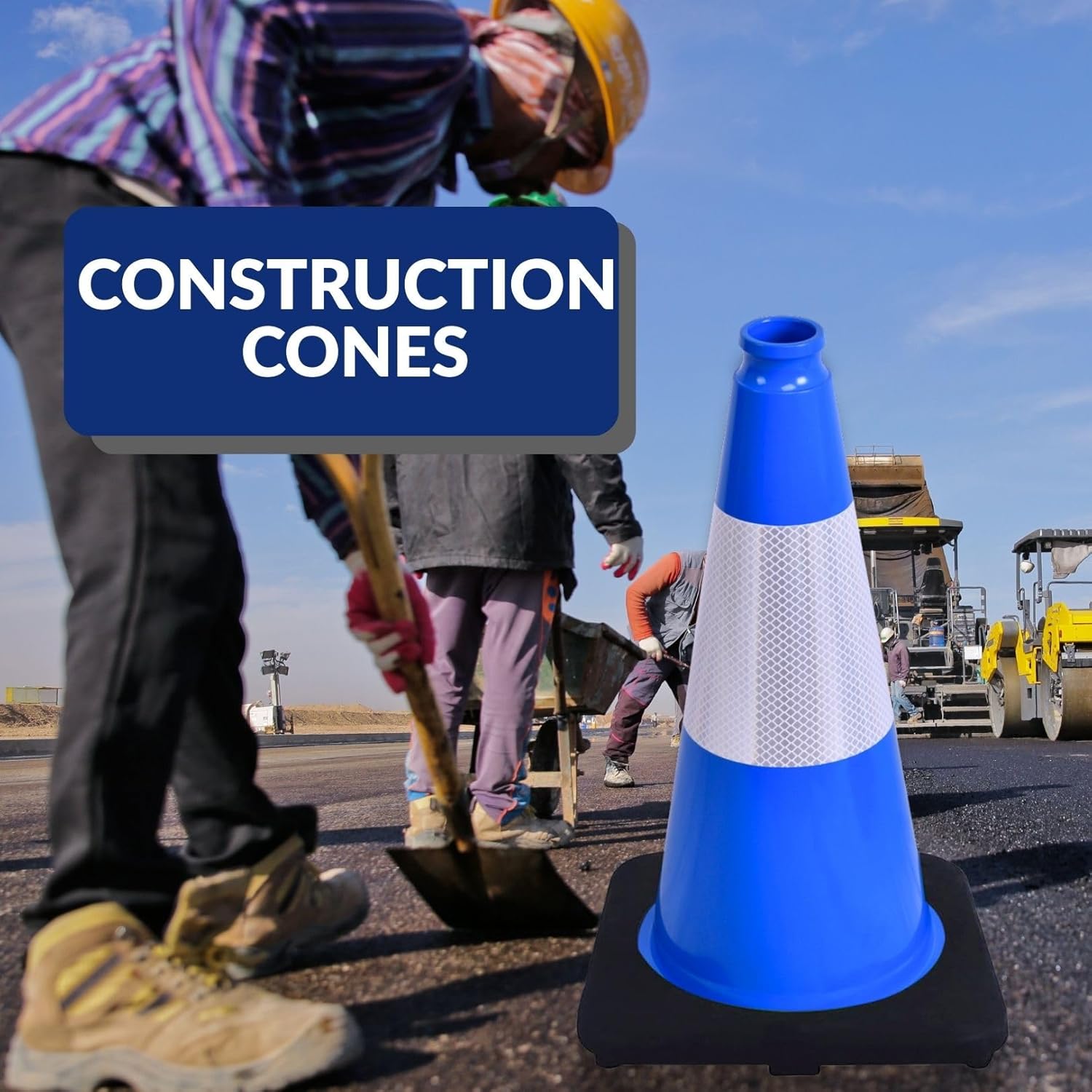 BESEA 6Pack 18 Inch Blue Traffic Cones with 6 Inch Reflective Collar, Heavy Duty PVC Safety Cones with 10.5 x 10.5 Inch Base for Parking, Driving Practice, Sports Training, and Construction