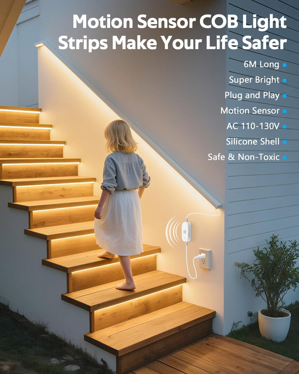 20FT Motion Sensor COB LED Light Strip Warm White 3000K AC 110V 288LEDs/M Waterproof IP68 Adjustable Time-Delay Flexible Motion Activated Led Strip Light Plug In for Stairs Courtyard Under Cabinet