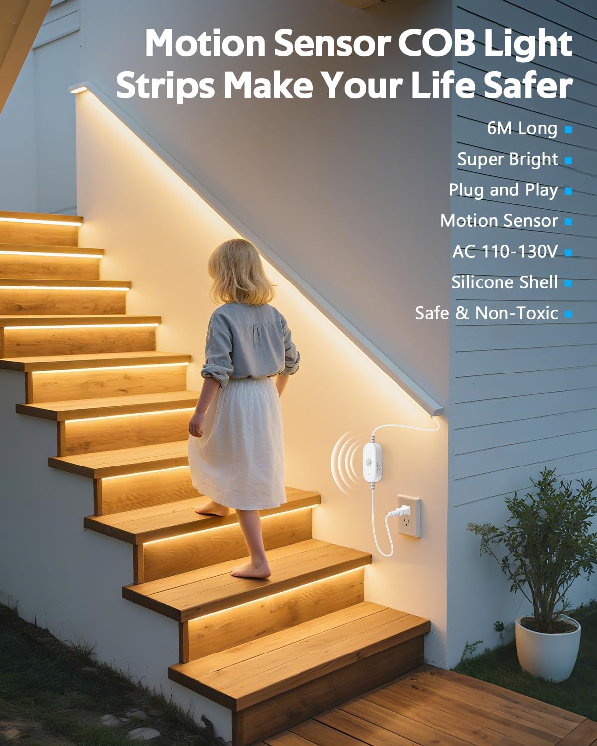 20FT Motion Sensor COB LED Light Strip Warm White 3000K AC 110V 288LEDs/M Waterproof IP68 Adjustable Time-Delay Flexible Motion Activated Led Strip Light Plug In for Stairs Courtyard Under Cabinet