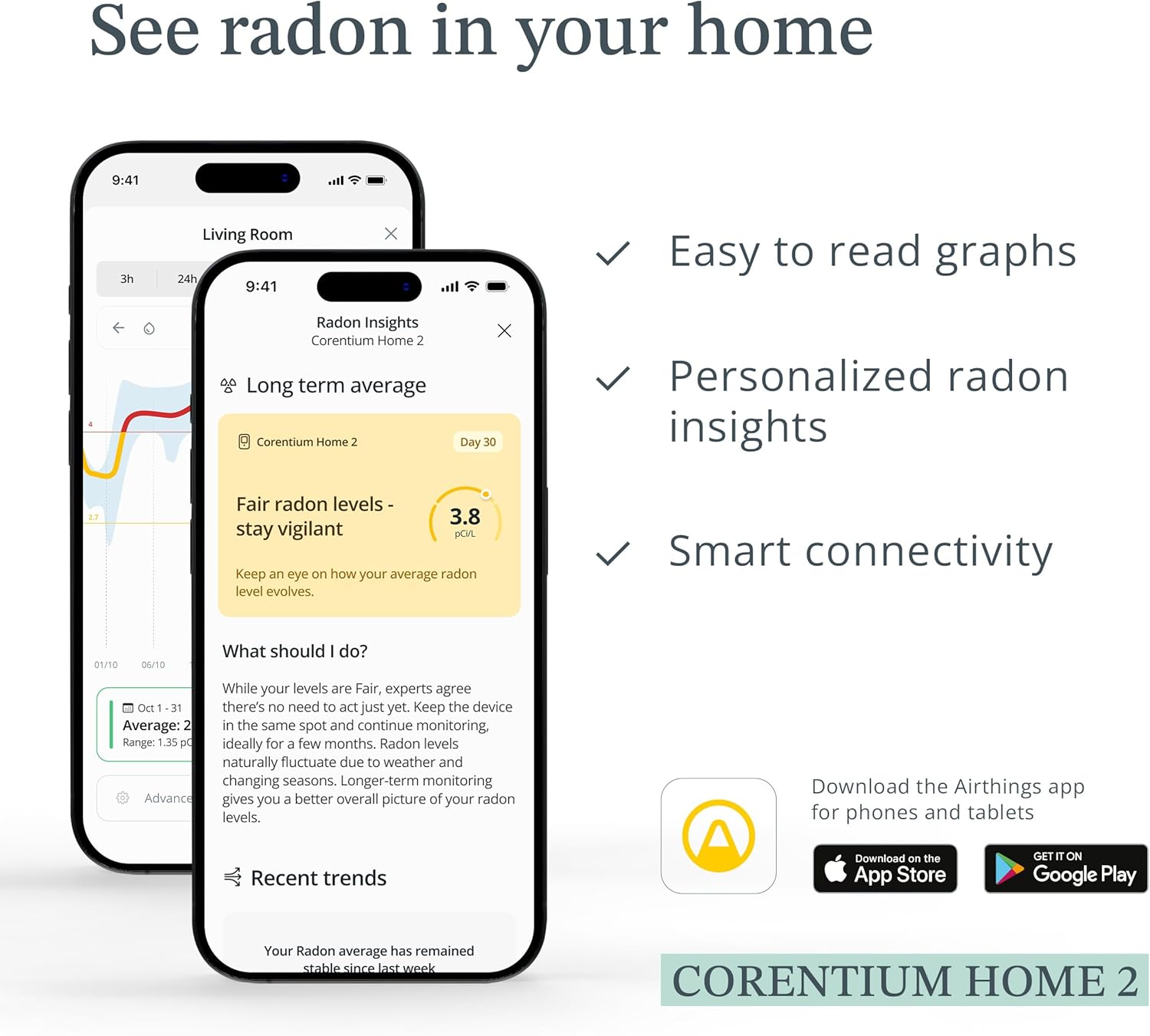 Airthings 325 Corentium Home 2 Smart Digital Radon Detector - Portable and Easy-to-use Radon Testing with Bluetooth connectivity and Humidity & Temperature Sensors