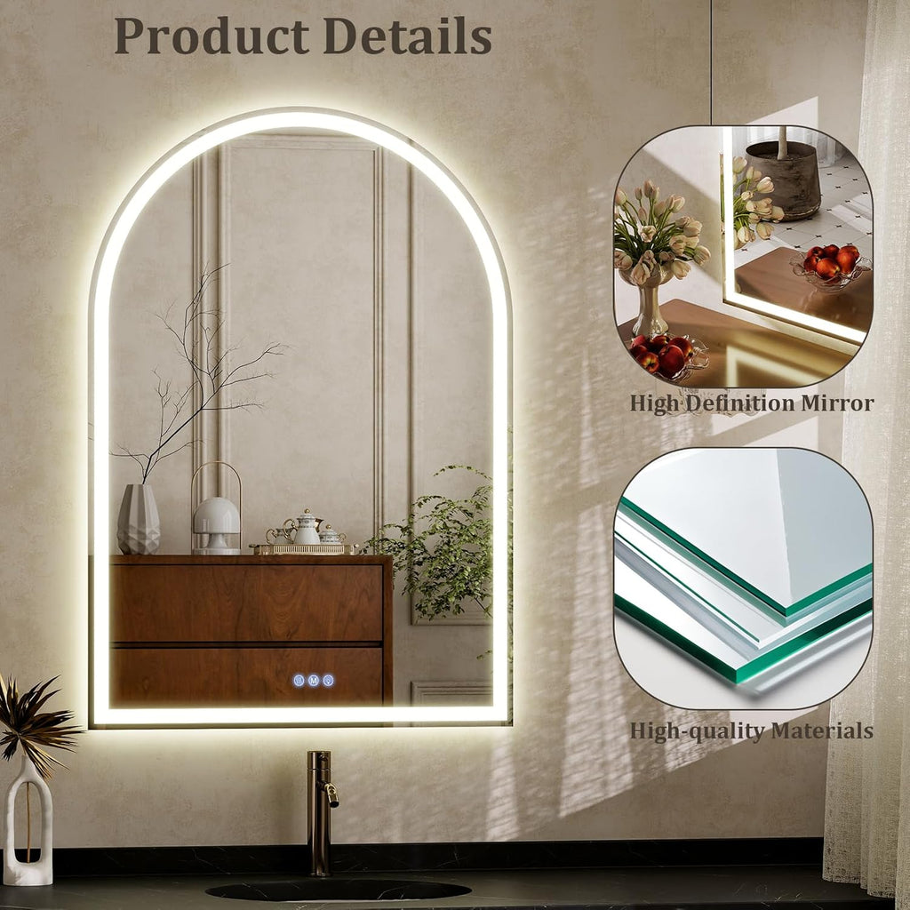 BEAUTYPEAK 48x30 LED Arch Bathroom Mirror with Lights, Anti-Fog, Dimmable, Backlit + Front Lit, Lighted Bathroom Vanity Mirror for Wall, 3 Colors, Memory Function, Tempered Glass, Shatter-Proof