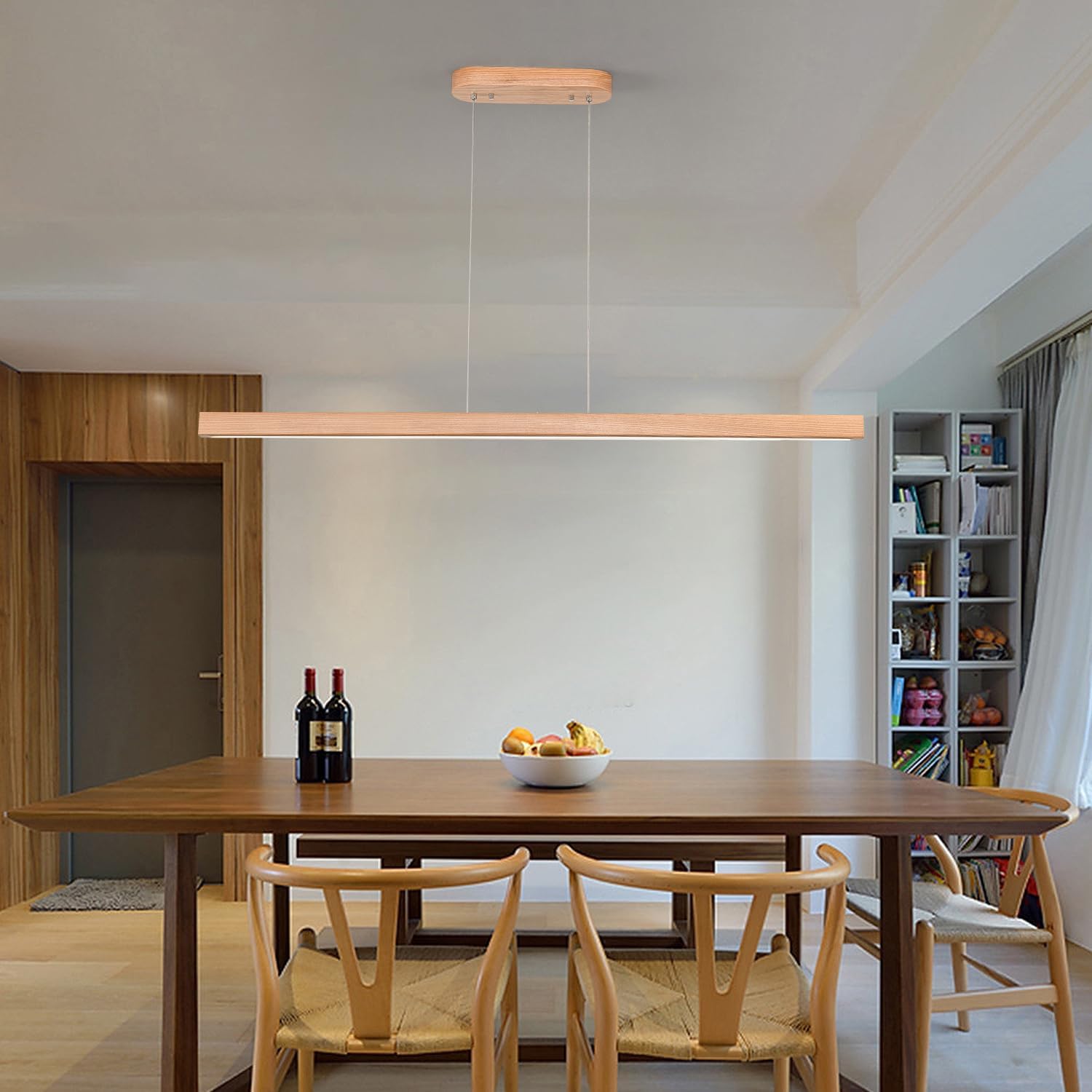 47" 36W 1-Light Wooden Led Linear Pendant Light Dimmable Led Chandelier Ceiling Hanging Light Fixtures Modern Chandeliers for Dining Room Kitchen Island Pool Table Lights Natural