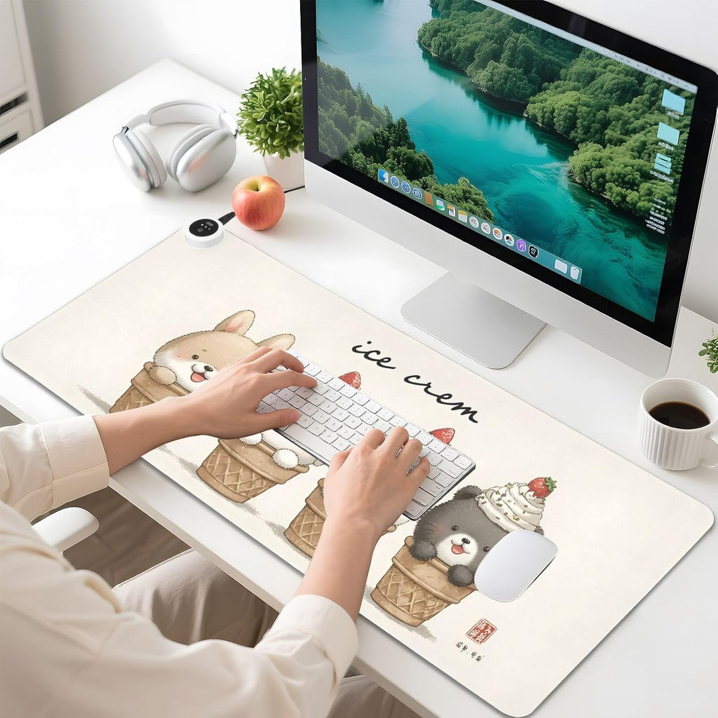 Large Heated Mouse Pad,Leather Desk Mat,31.5"x13",Hand Warmer Pads for Desk,Bunny（Off-White）