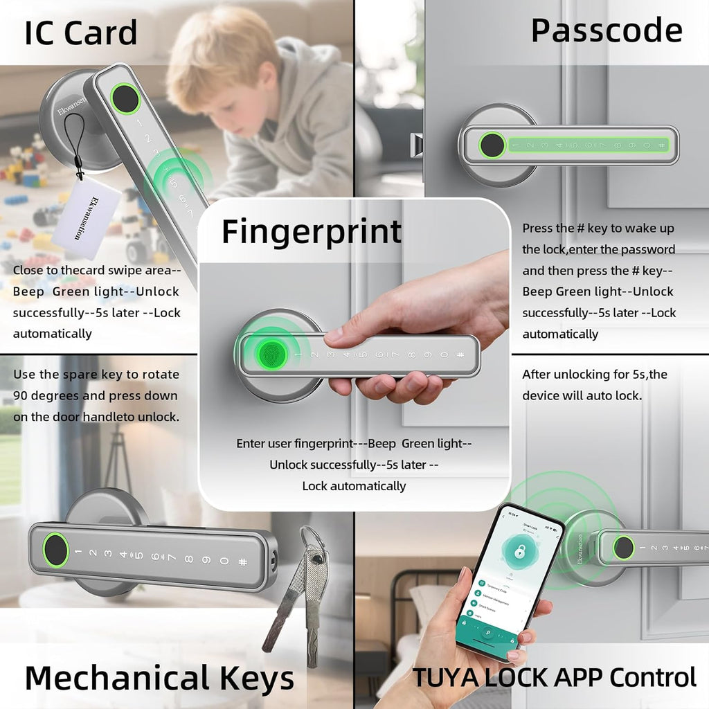 Fingerprint Door Lock Smart Door Lock with Keypad Keyless Entry Door Lock with Handle for Home Hotel Office Apartment Bedroom with Alexa (Silver app Unlock) Ekwansetion