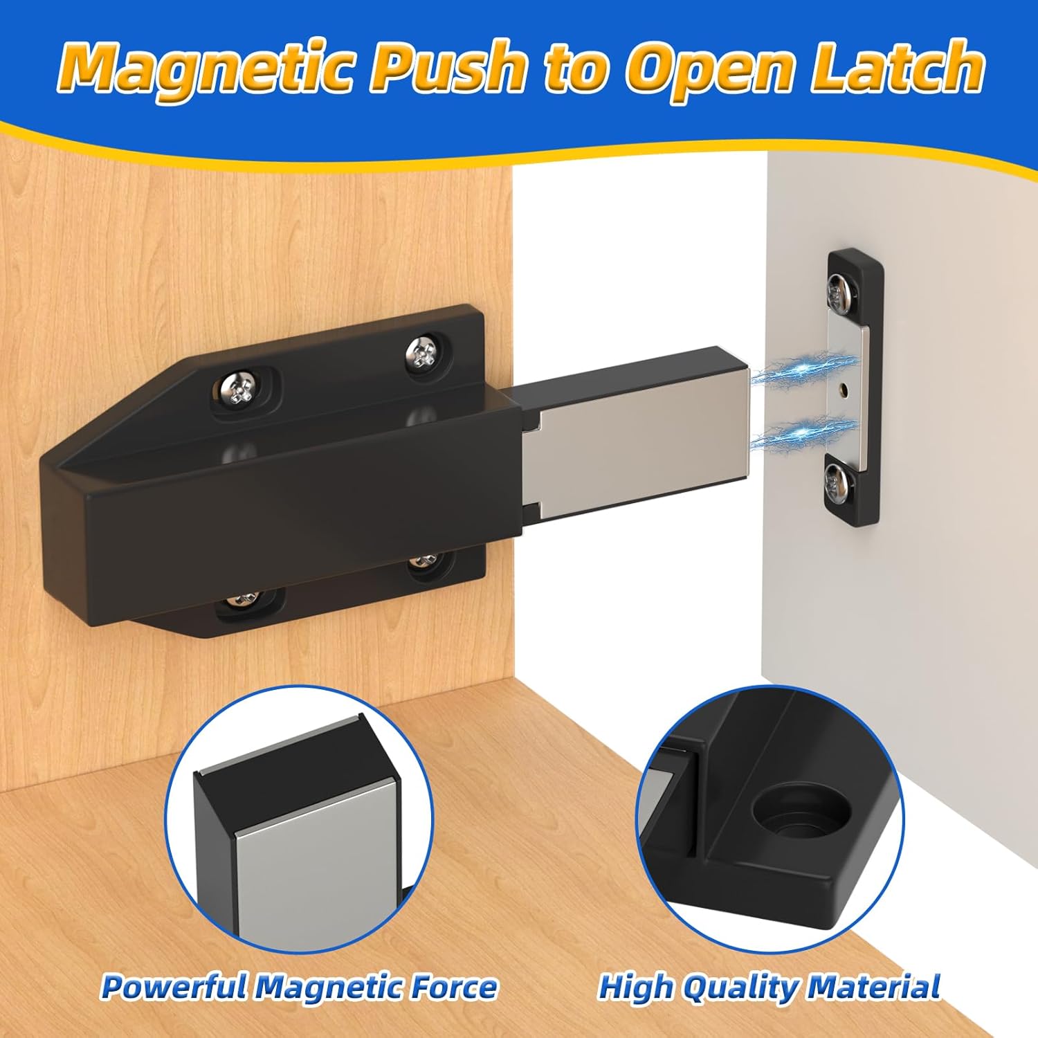 Push to Open Latches Jiayi Magnetic Push Open Catch Touch Latches for Cabinet Kitchen Drawer Closer Touch Release Open for RV Cupboard Door Damper, Large Push to Open Wardrobe Closure ((Black, 8 Pack)