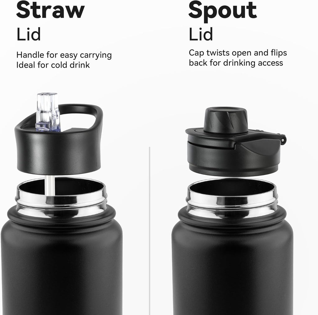 24oz Insulated Water Bottle with Straw Lid, Stainless Steel Metal Water Bottle with Straw & Wide Mouth Lid, Double Wall Vacuum Water Bottle for Hiking Camping, Black 1 Pack