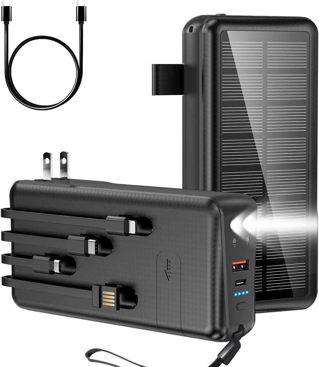 Portable Charger with Built in Cable and Wall Plug 50000mAh PD30W Fast Charging Solar Power Bank with 5 Output & 2 Input Dual LED Flashlights Phone Holder External Battery Pack (Black)