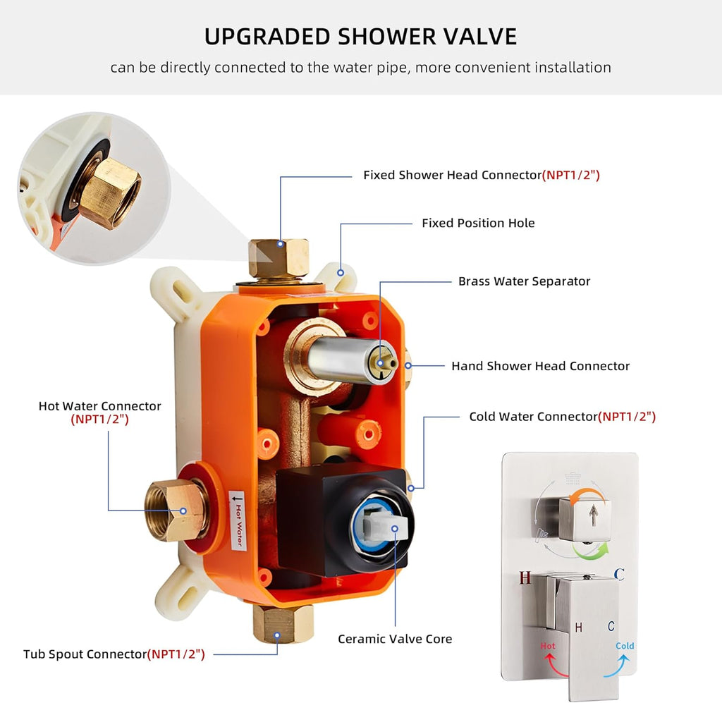 Shower Faucet Set Complete with Tub Spout Shower System Wall Mounted with 12 inch Rainfall Shower Head and Handheld Shower Rain Shower Combo for Bathroom, Brushed Nickel