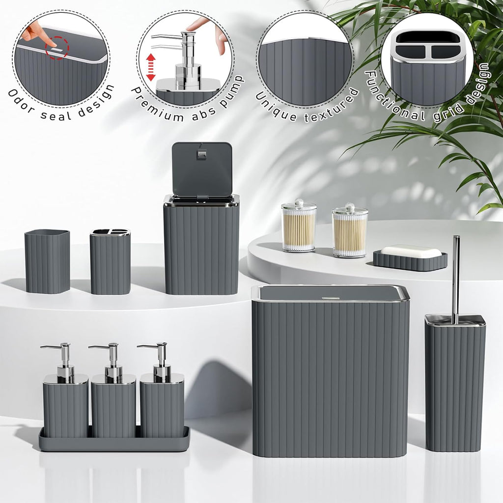 Bathroom Accessory Set - Bathroom Set, 12PC Bathroom Accessories Set, Grey Bathroom Accessories Set, Mini Trash Can, Toilet Brush, Trash Can & Soap Dispenser