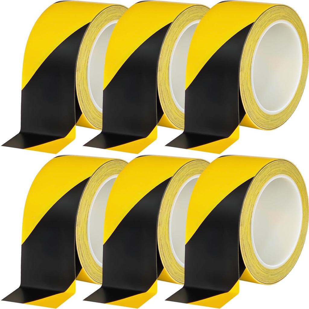Beieverluck 6 Rolls Black & Yellow Caution Tape Roll 2'' x 108 FT Warning Safety Tape Floor Marking Tape Hazard Tape for Warehouse, Gym, Walls, Pipes and Equipment