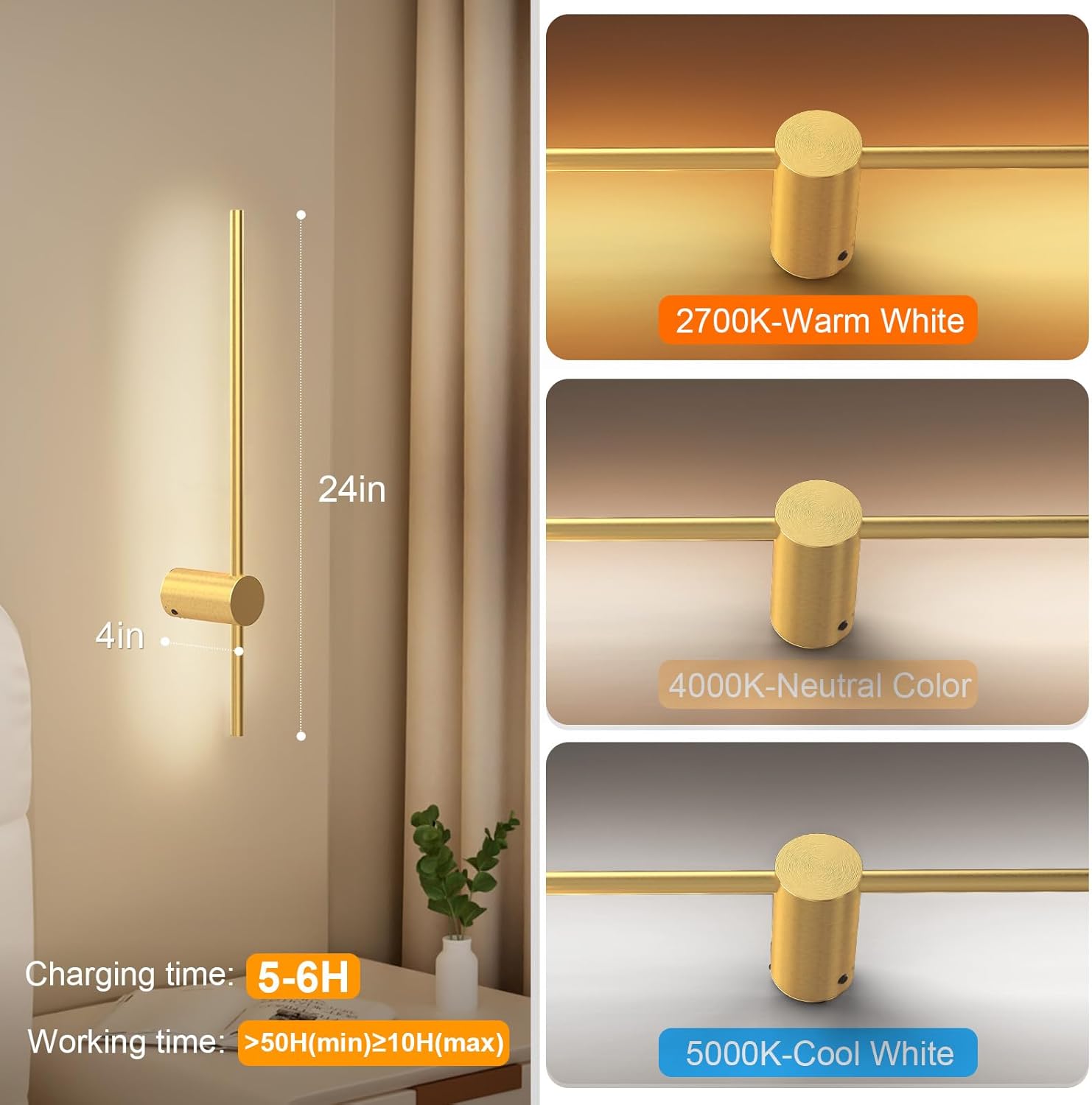 NIORSUN 24 Inch Battery Operated Wall Sconce Set of 2,Gold Minimalist Rechargeable LED Wall Lights with Remote, 10 Colors Dimmable Wireless Wall Lamp for Living Room Bedroom Hallway
