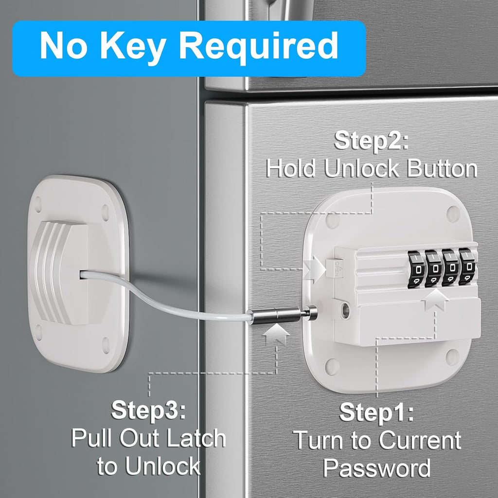 2 Pack Fridge Lock with Combination, No Key Required, Upgrade Refrigerator Lock with Adhesive and Screws, Freezer Cabinet Pantry Drawer Latch to Keep Door Closed, for Kids Adults Cats & Dogs, White