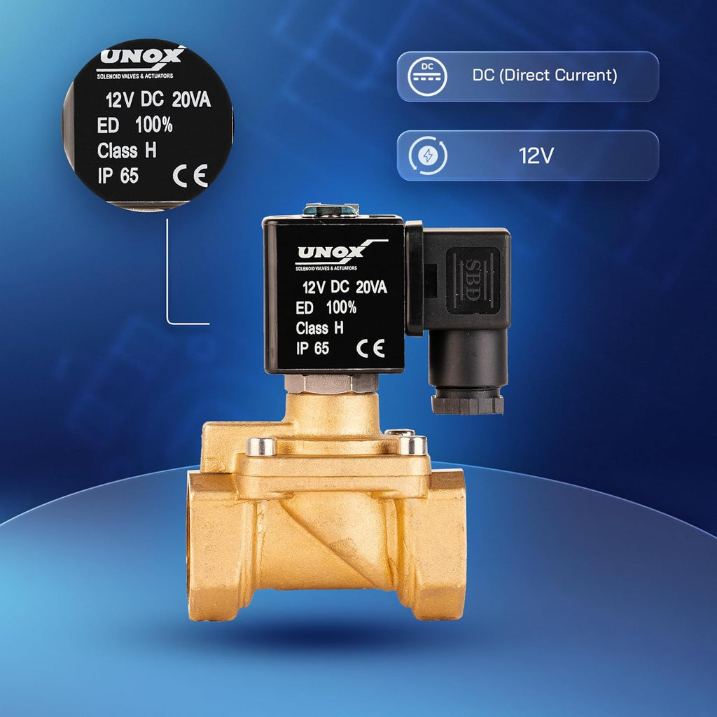 UNOX 3/4" NPT Solenoid Valve 12V DC, Brass Control Valve Normally Closed - 7-232 PSI Multi-Purpose Reliable Control Valve for Water, Air, and Gas - Solenoid Valves