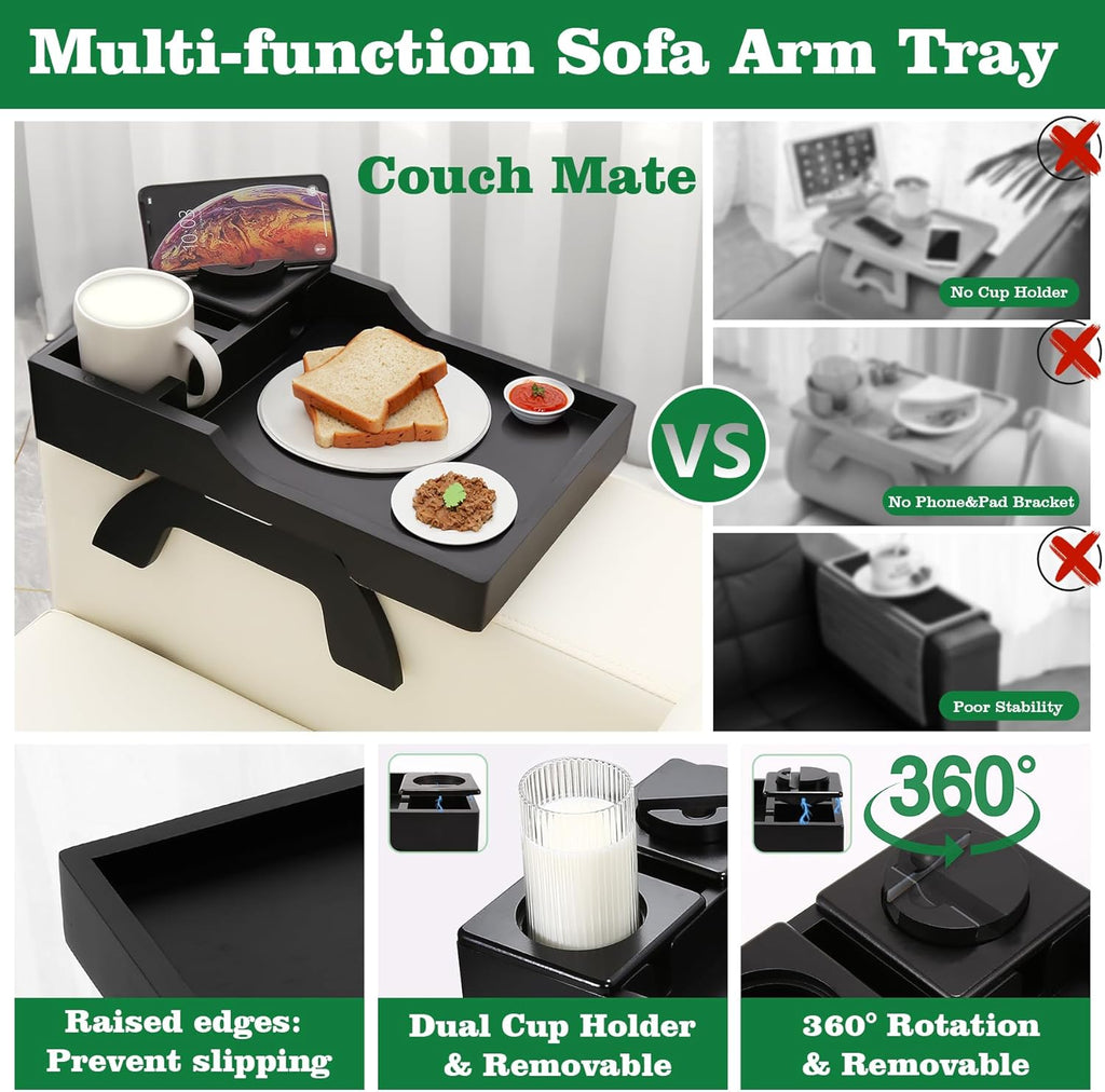 Couch Cup Holder Tray, 15.4"x9.9" Large 4 in 1 Couch Arm Tray with 360°Rotated Phone Holder, Non-Slip Clip on Side Table for Drinks/Remote/Snacks, Ideal Gift for Husband, Wife, Parents
