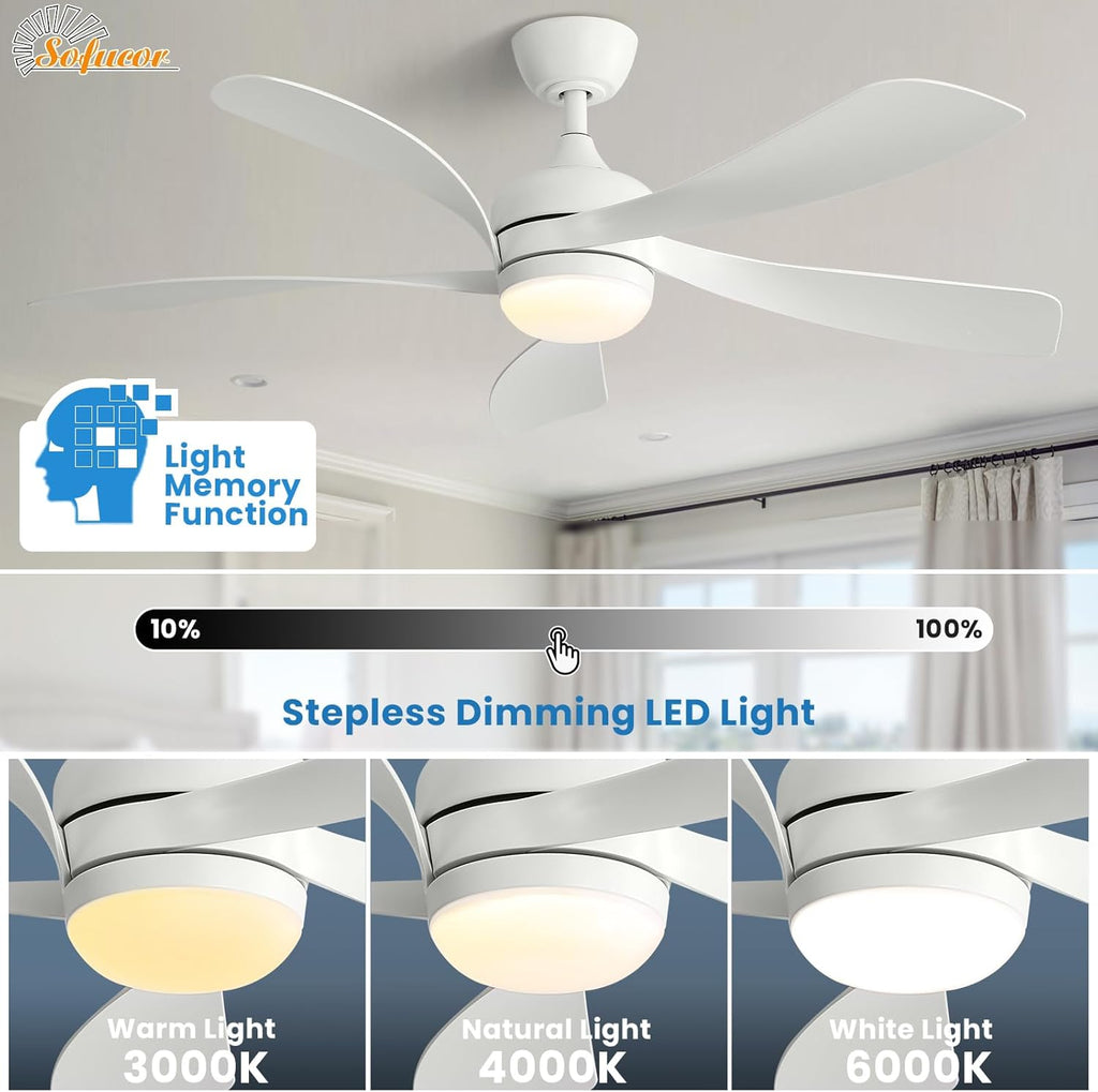 Sofucor 52" Smart Ceiling Fan, Indoor/Outdoor White Ceiling Fans with Lights and Remote, Works with Alexa/Google/App, 3-Color Light 6-Speed Timing Reversible DC Motor for Bedroom Living Room Patio