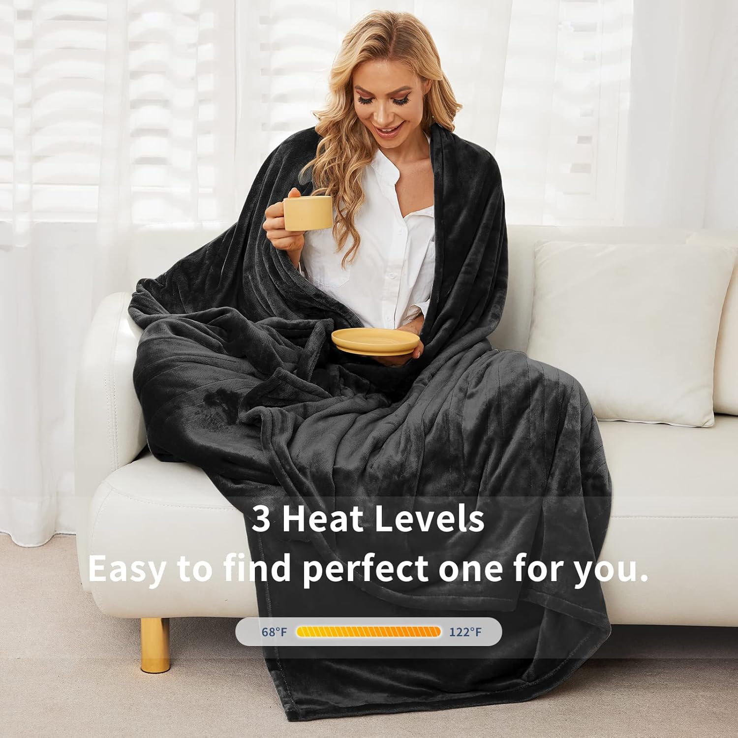 Vagueior Electric Heated Blanket Full Size 50'' x 60'',Extra-Warm Lightweight Cozy Luxury Bed Blanket Machine Washable with 3 Heating Levels Auto-Off Machine Washable,ETL Certification - Black