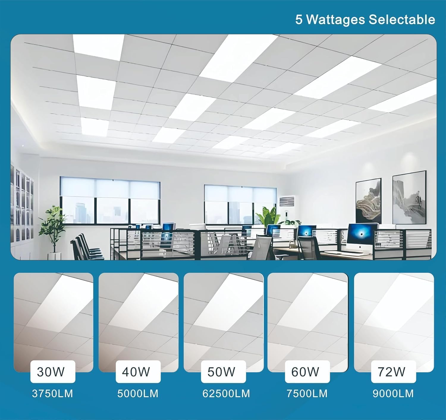 2x4 FT LED Light Flat Panel, 40-72W, 5 CCT 3K | 3.5K | 4K | 5K | 6.5K, Dimmable Recessed Drop Ceiling Lights, 3750/5000/6250/7500/9000 Lumens, Lay in Fixture for Office, 120-277V, UL DLC (16 Pack)