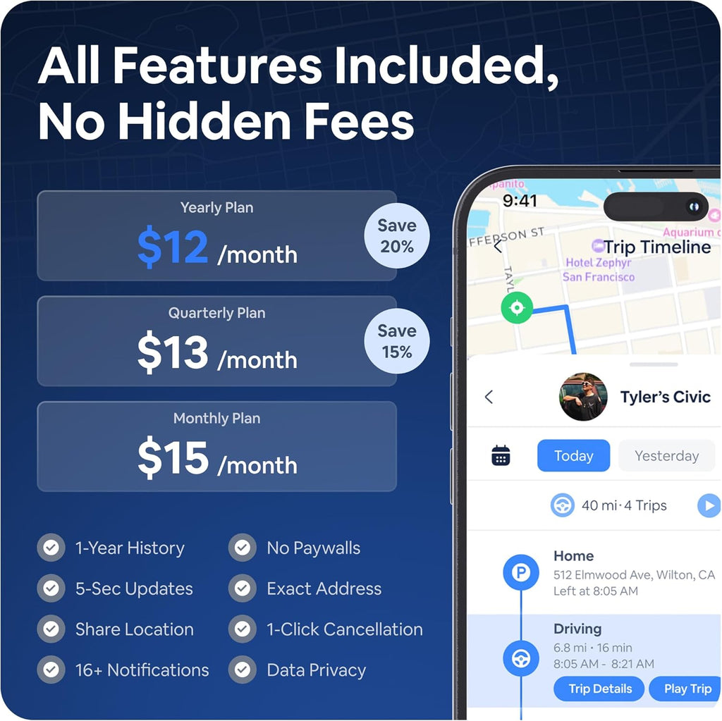 Real-Time OBD2 GPS Car Tracker – $12/Month with 6 Prepaid Months – Plug & Play Device for Families, Teens & Businesses with Trip History, Driving Alerts & GeoFence – Accurate, Easy Setup