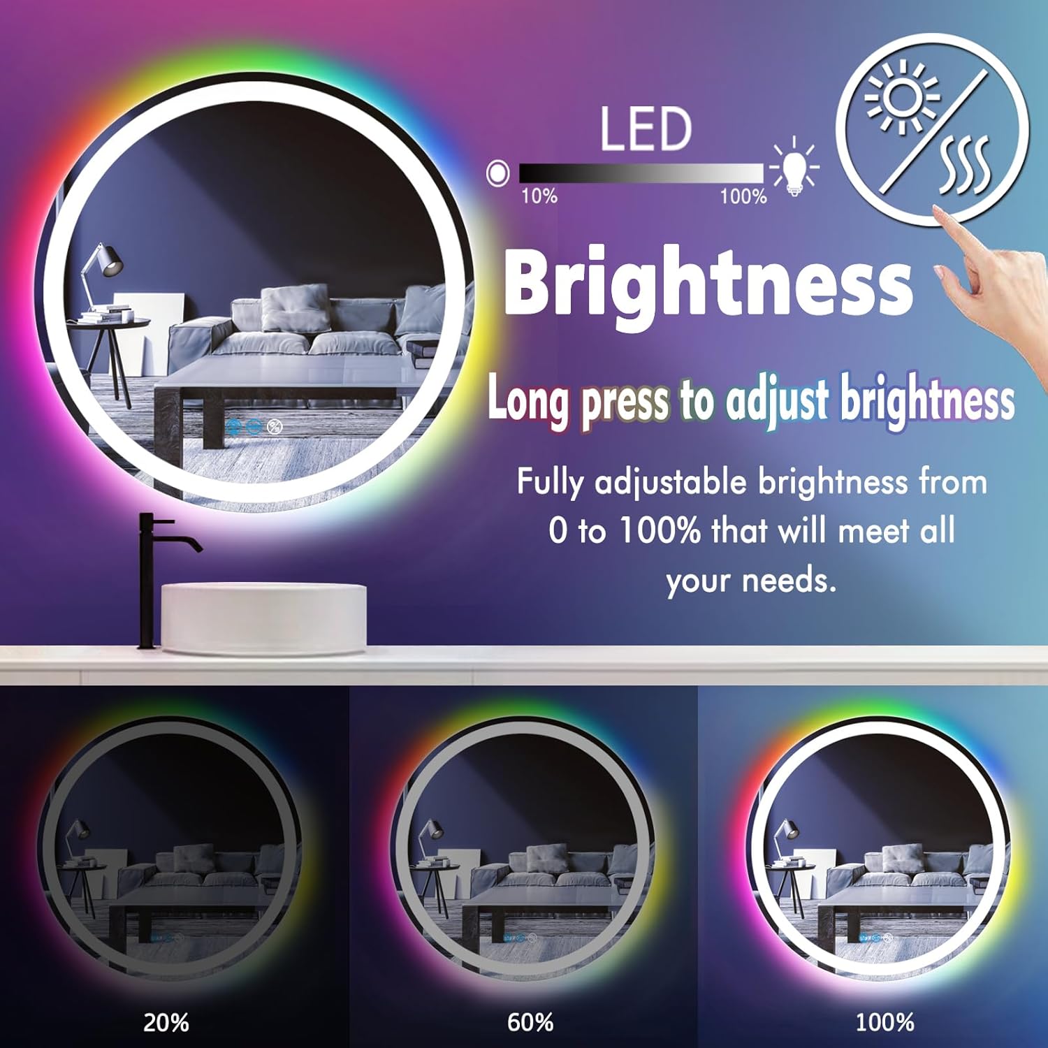 30 Inch LED Bathroom Mirror With Front Light 3 Colors + Rainbow RGB Color Changing Backlit Round Lighted Mirror for Wall Anti Fog 30" Smart Circle Mood Light up Mirror