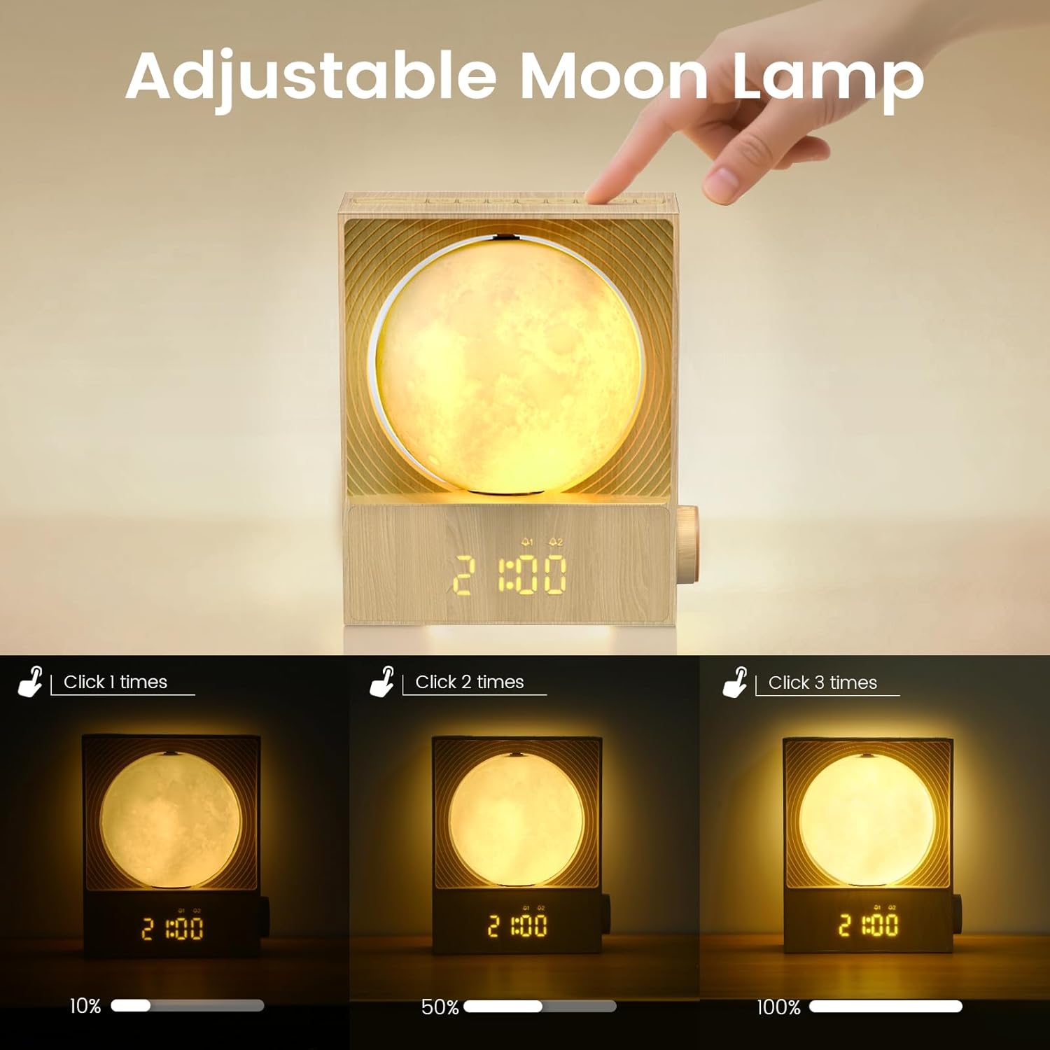Sunrise Alarm Clock, 360-Degree Rotating Moonlight & 10 White Noise Sounds, Dual Alarm & Snooze for Heavy Sleeper, Timer, Wooden Bedroom Light Gift - Wood