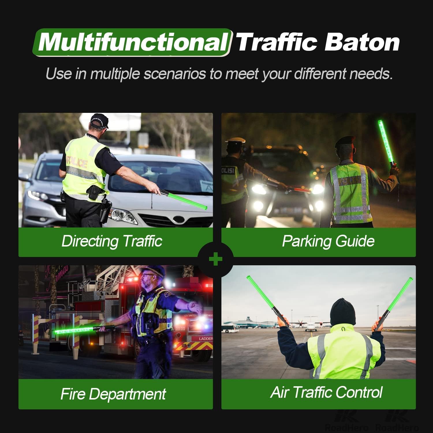 RoadHero 2 Pack 21 Inch Traffic Wands, Green Led Traffic Control Baton, Night Safety Light Wand with 2 Flashing Modes, Air Marshaling Signal Wand with Side Clip for Airport, Parking, Car Directing