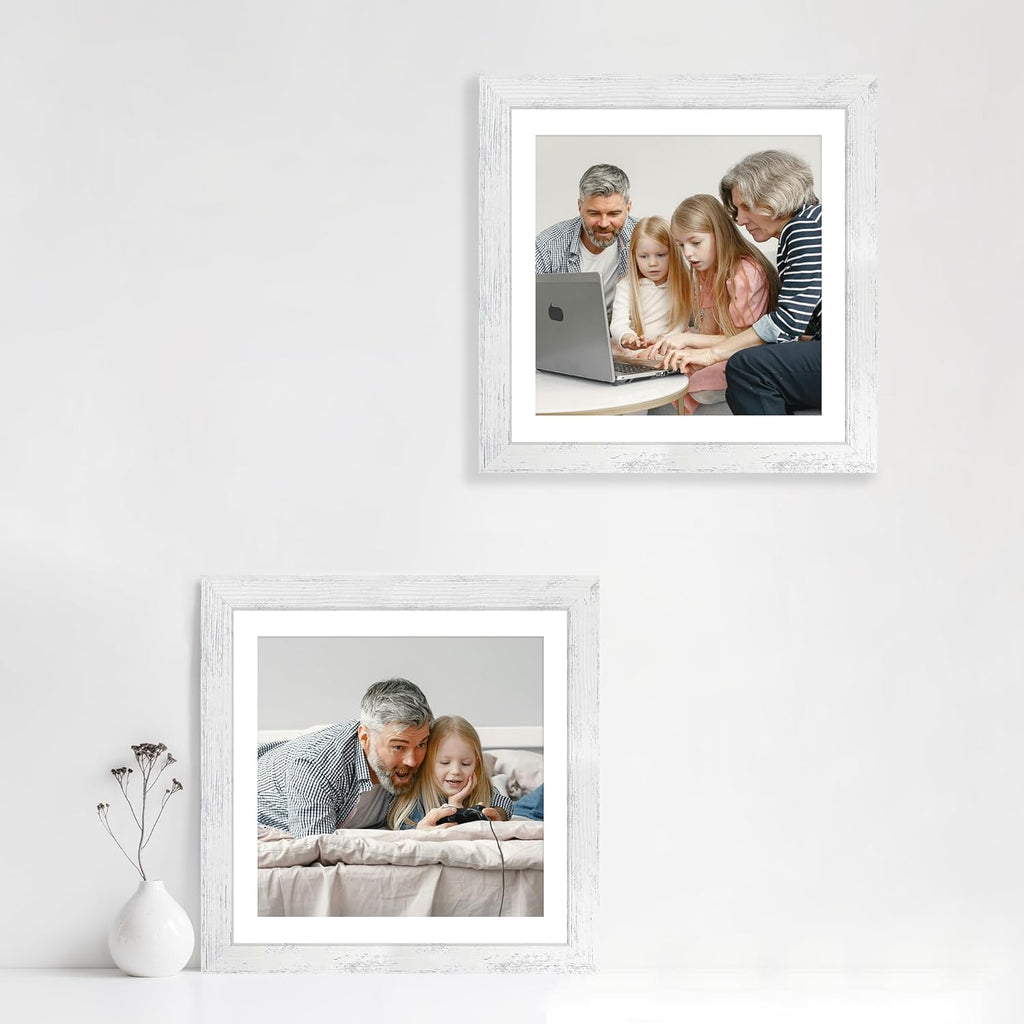iRahmen 12x12 Picture Frame Set of 4 with Tempered Glass, Display 10x10 Pictures with Mat or 12 x 12 Without Mat, Wooden Photo Frames for Tabletop Display and Wall Mounting